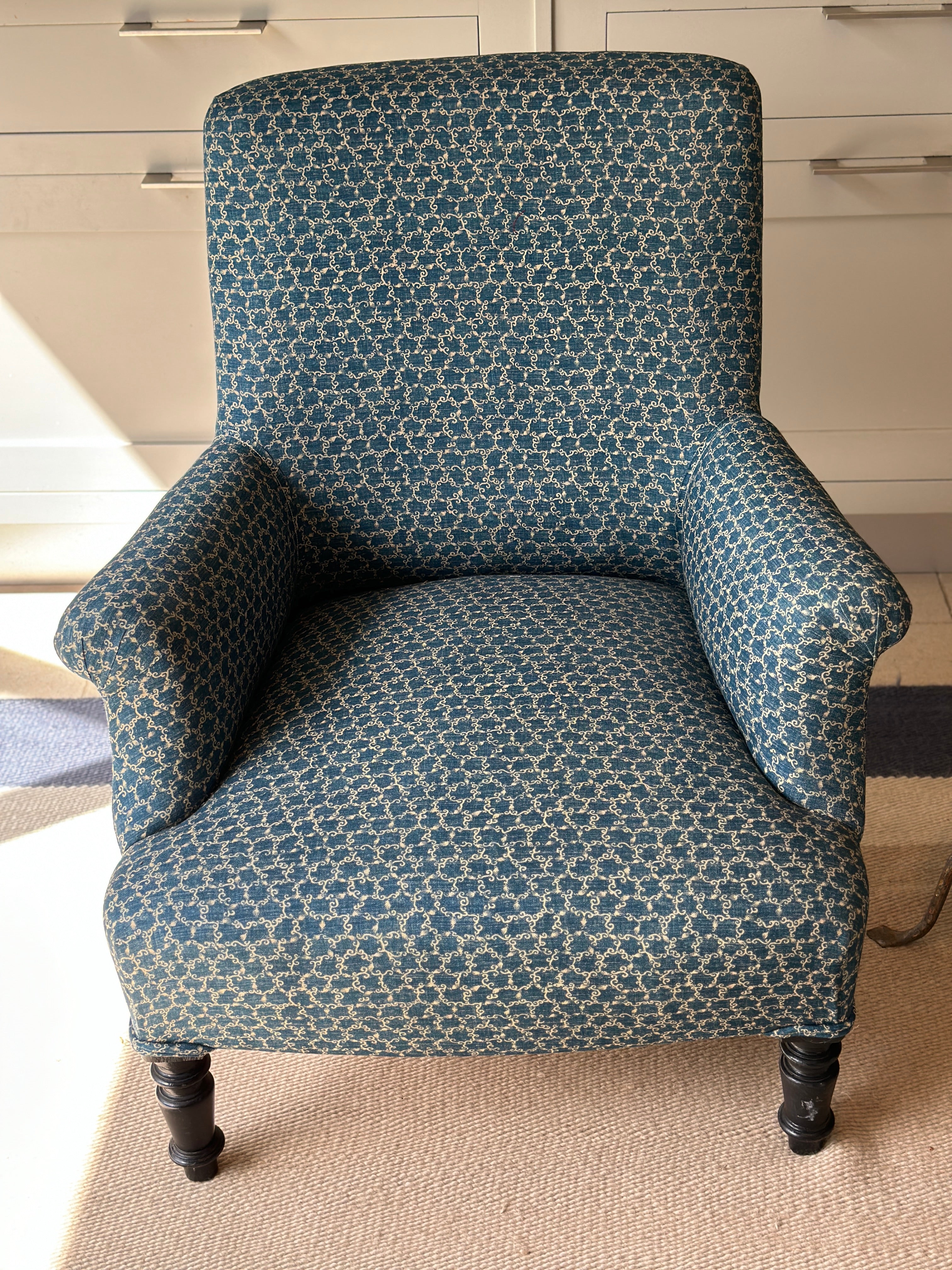 French Antique Armchair in Robert Kime Te fabric