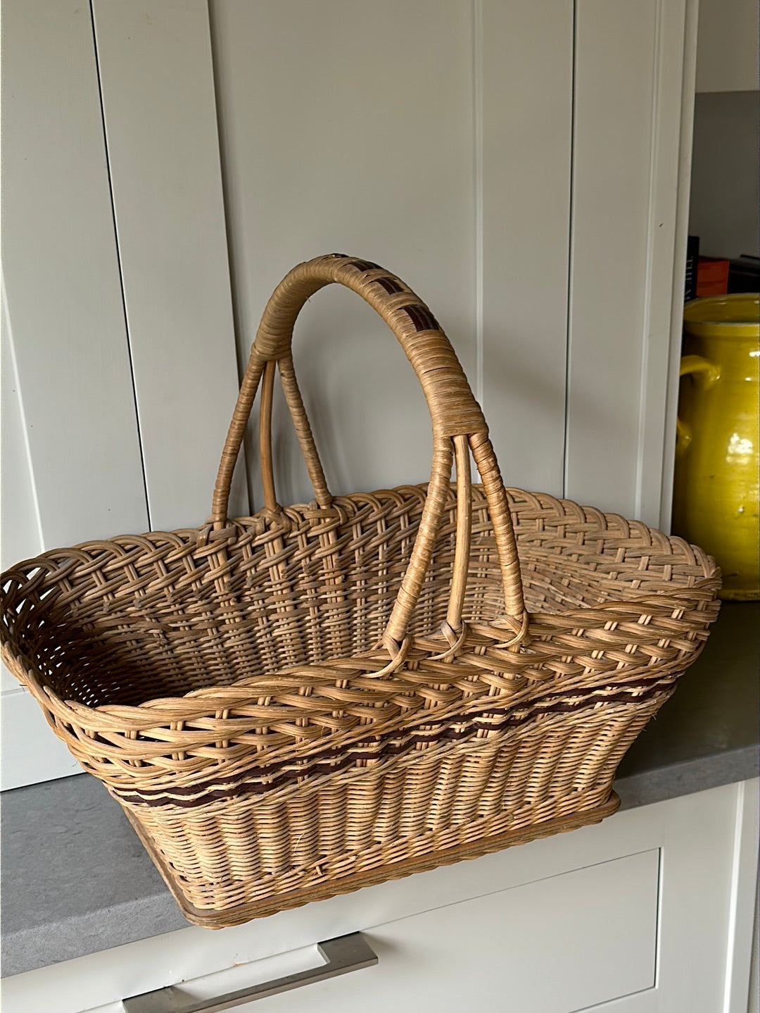 Vintage Wicker Shopping Basket with Brown Accents