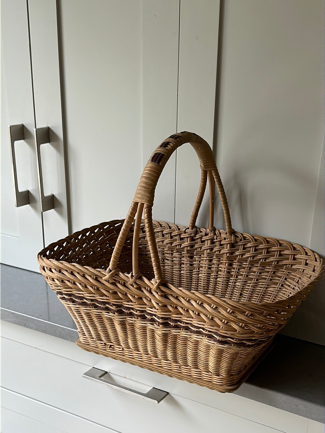 Vintage Wicker Shopping Basket with Brown Accents