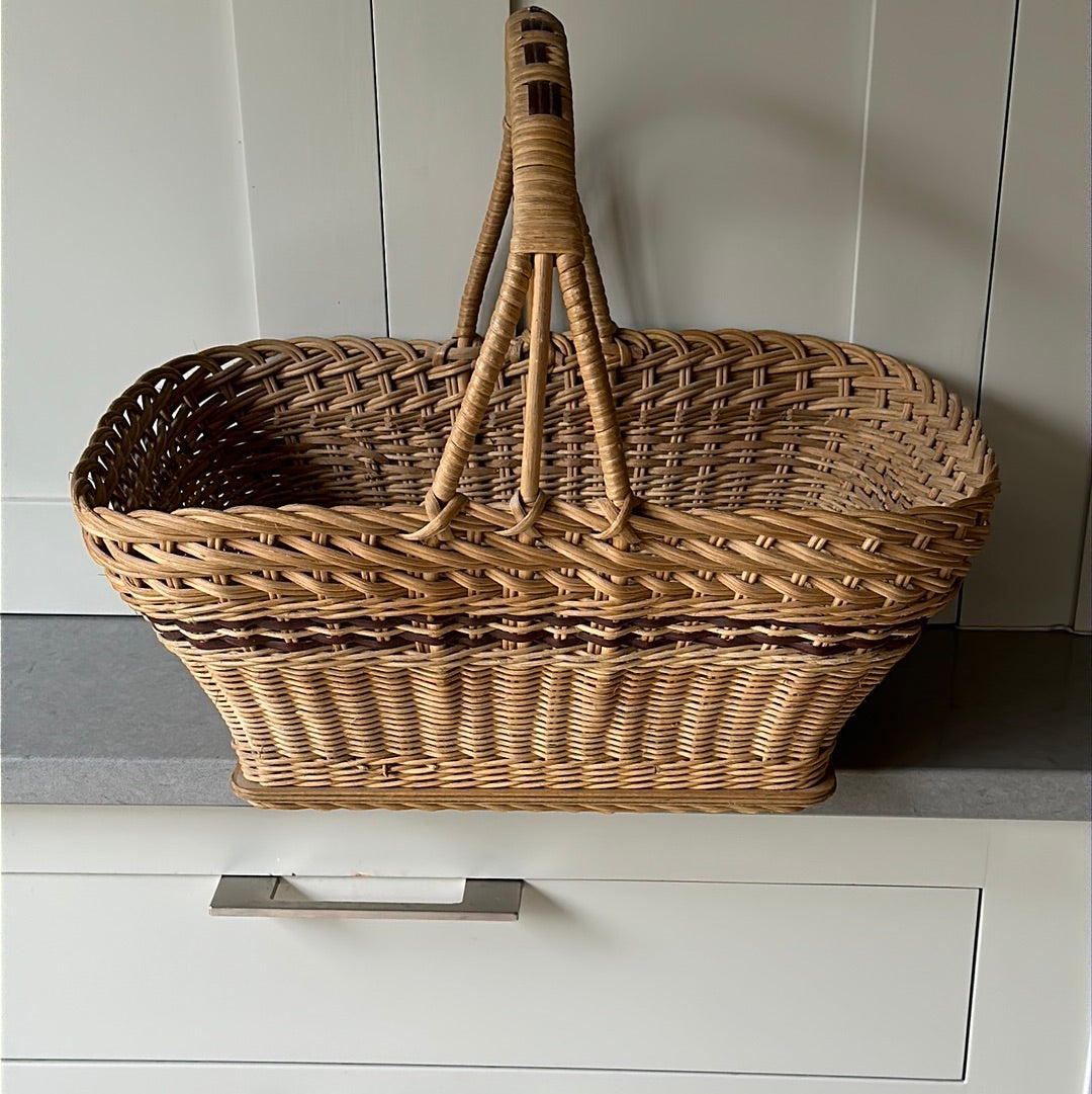 Vintage Wicker Shopping Basket with Brown Accents