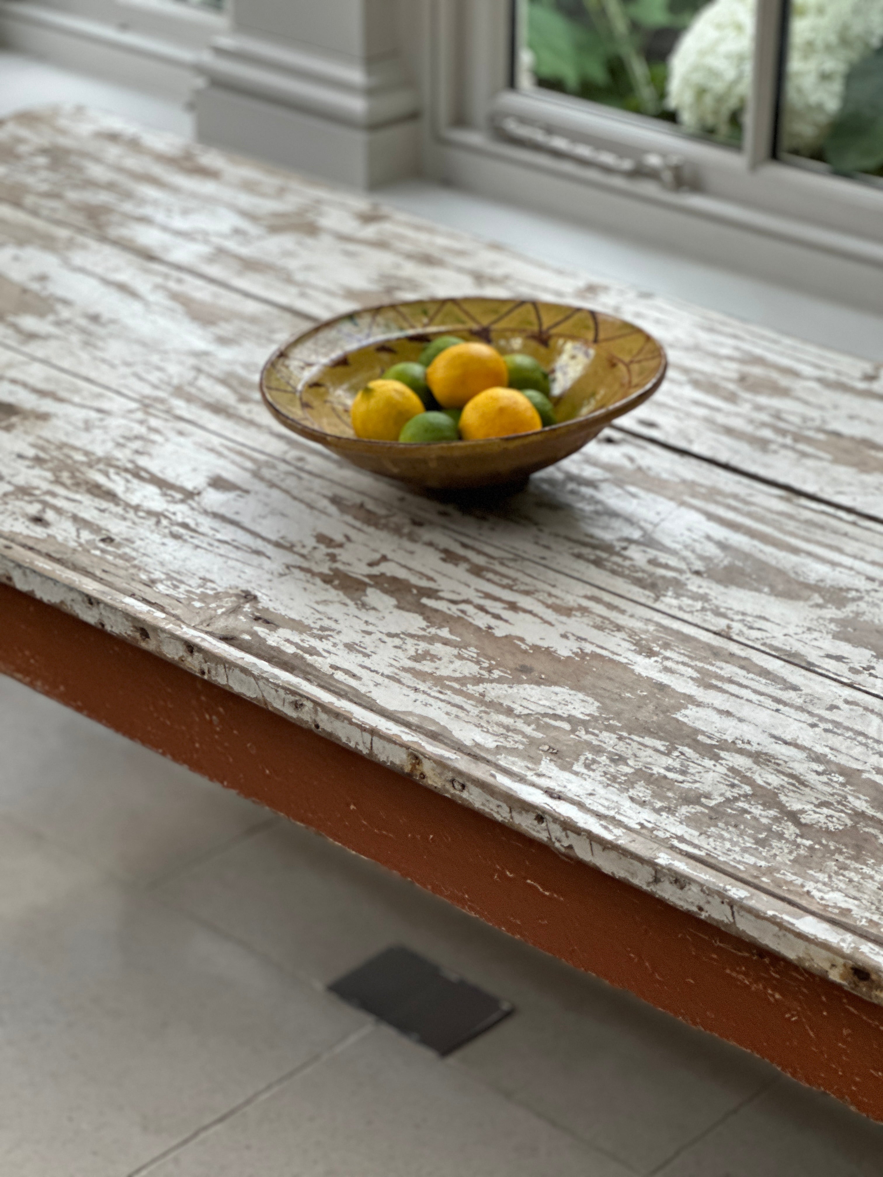 Large Rustic French Pine Coffee Table with Original Painted Base