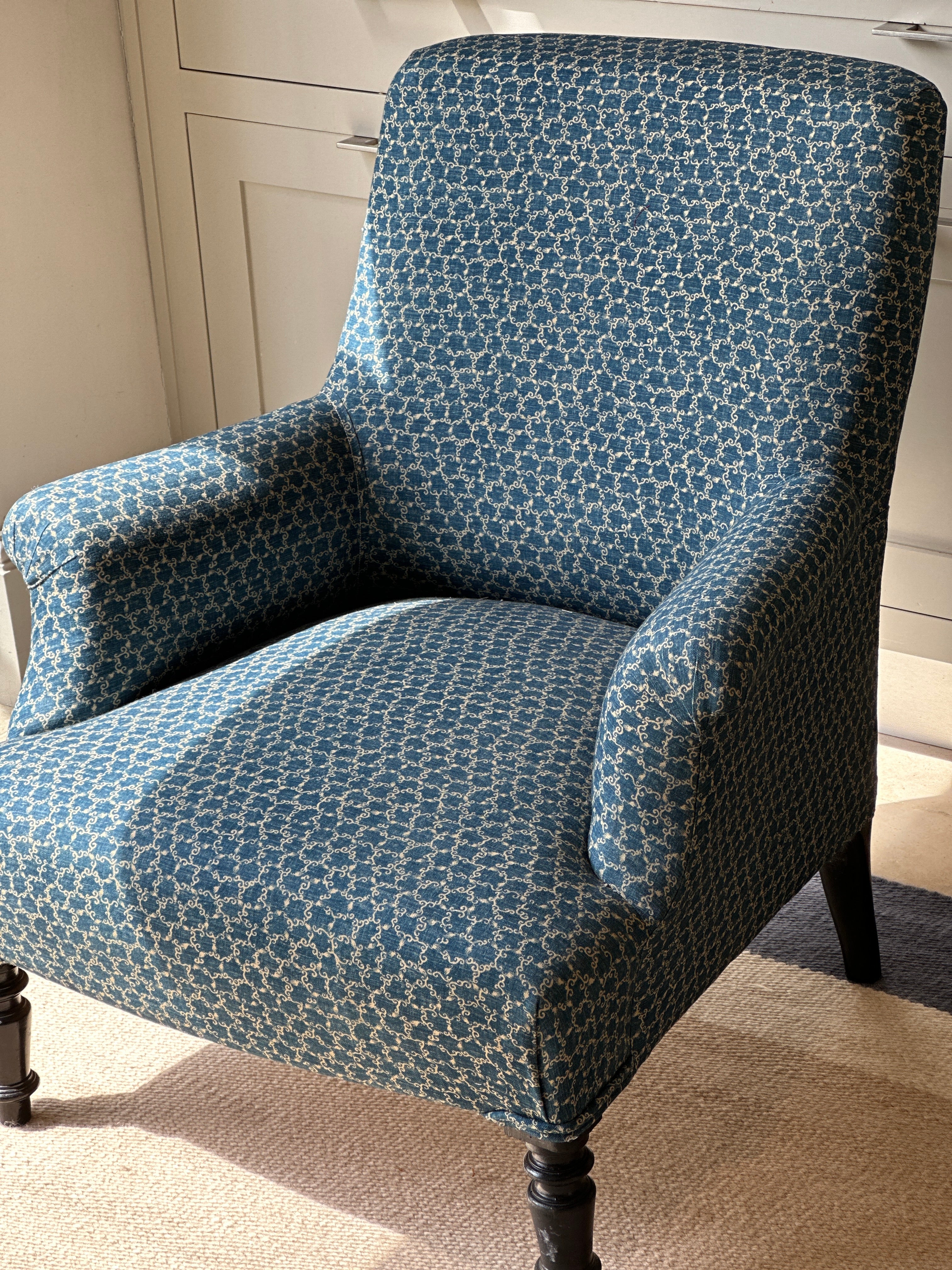 French Antique Armchair in Robert Kime Te fabric