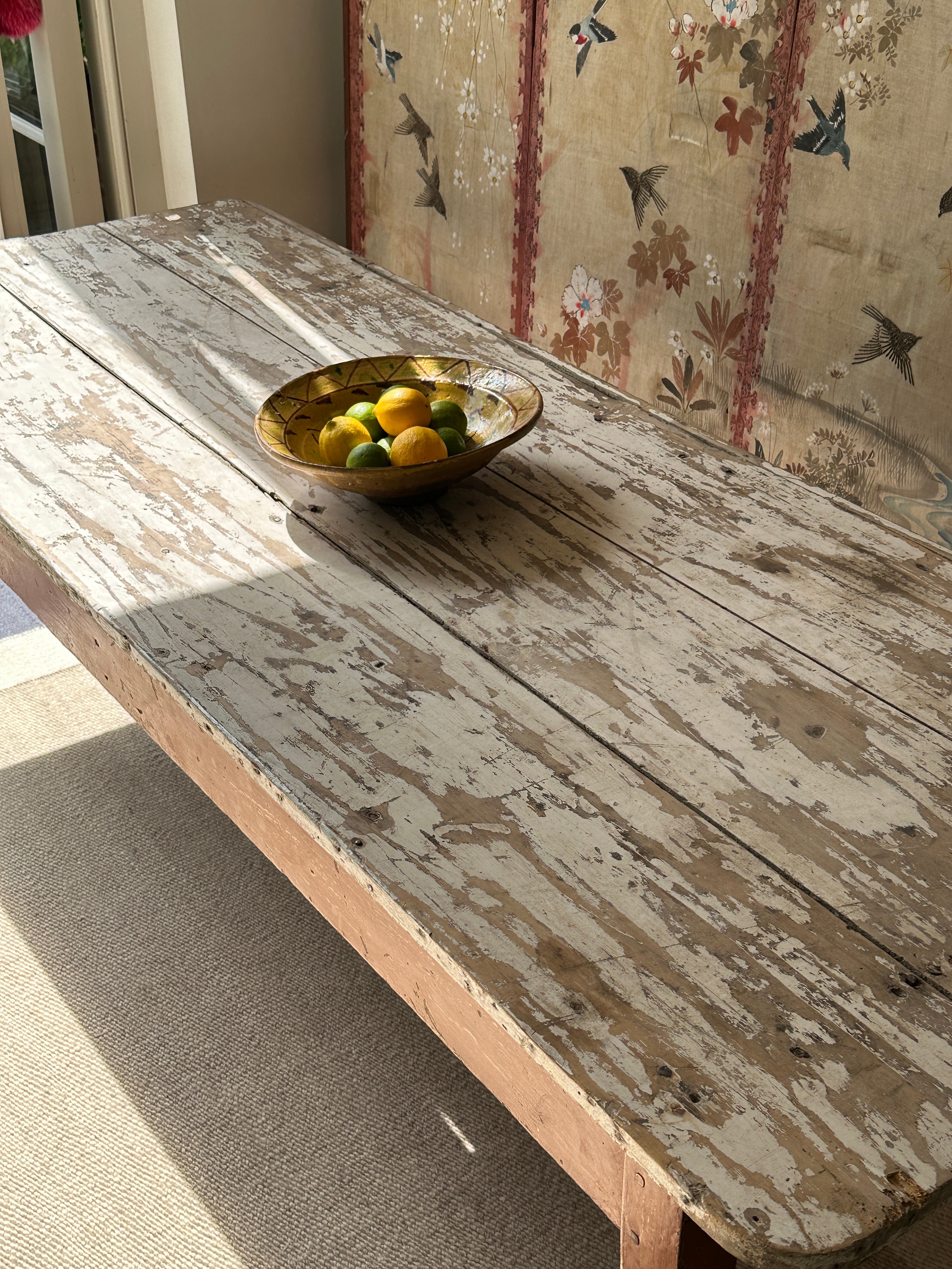 Large Rustic French Pine Coffee Table with Original Painted Base