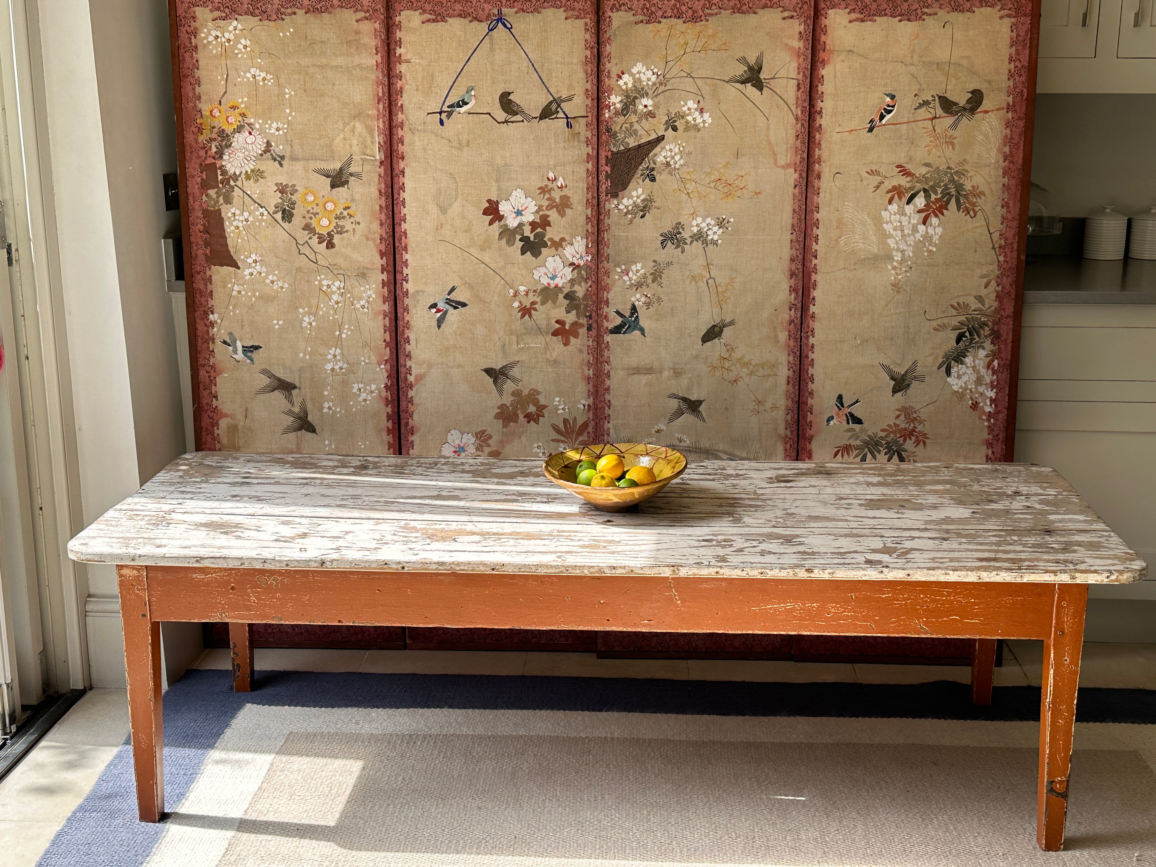 Large Rustic French Pine Coffee Table with Original Painted Base