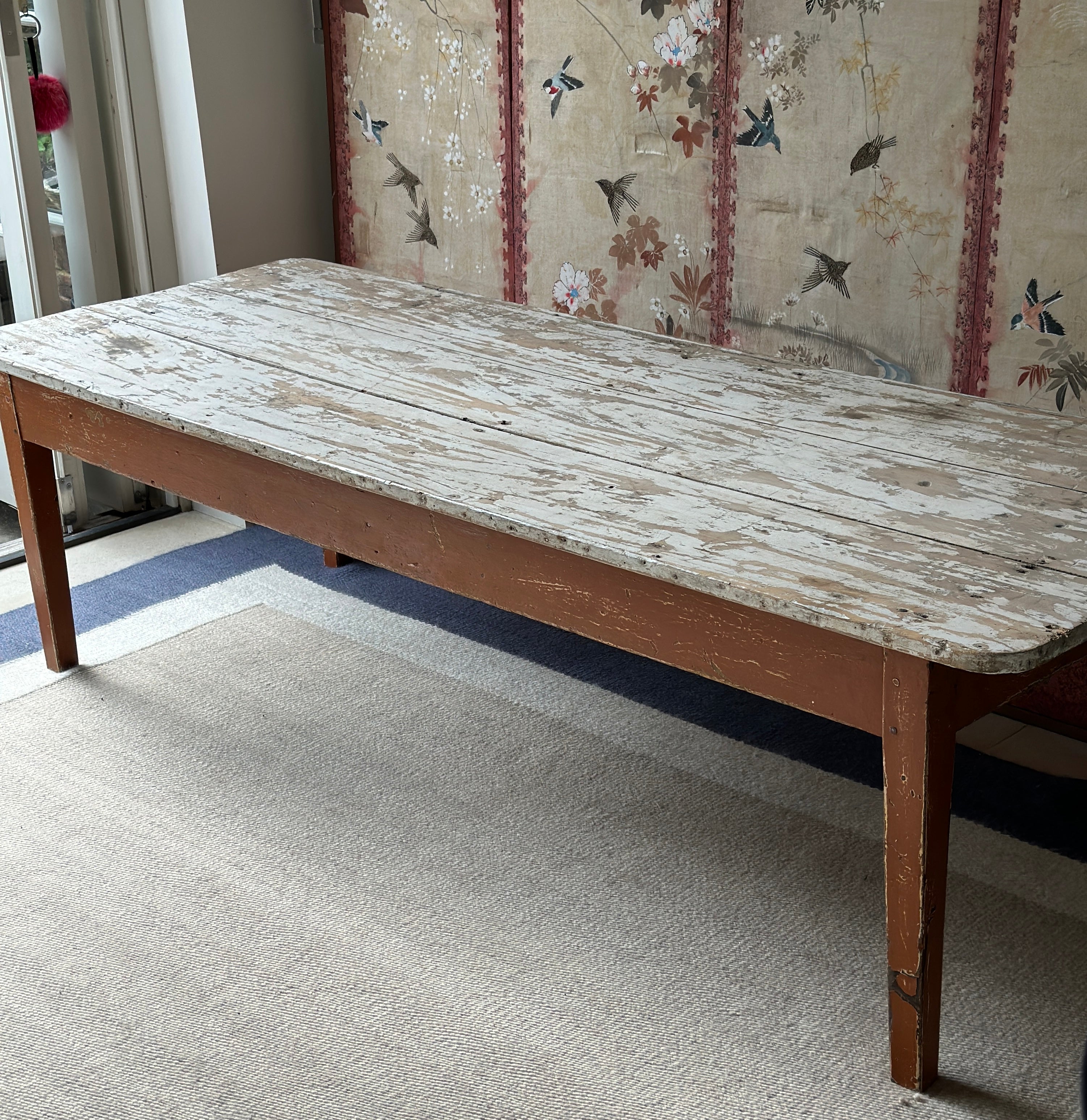 Large Rustic French Pine Coffee Table with Original Painted Base