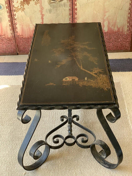 Early 20th C French Wrought Iron Coffee Table Circa 1920's with Chinoiserie Top