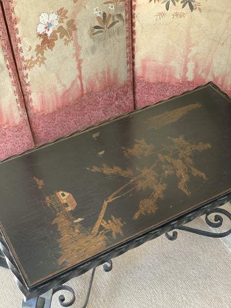 Early 20th C French Wrought Iron Coffee Table Circa 1920's with Chinoiserie Top