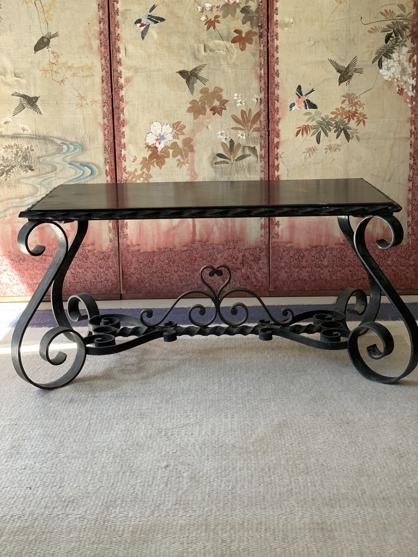 Early 20th C French Wrought Iron Coffee Table Circa 1920's with Chinoiserie Top