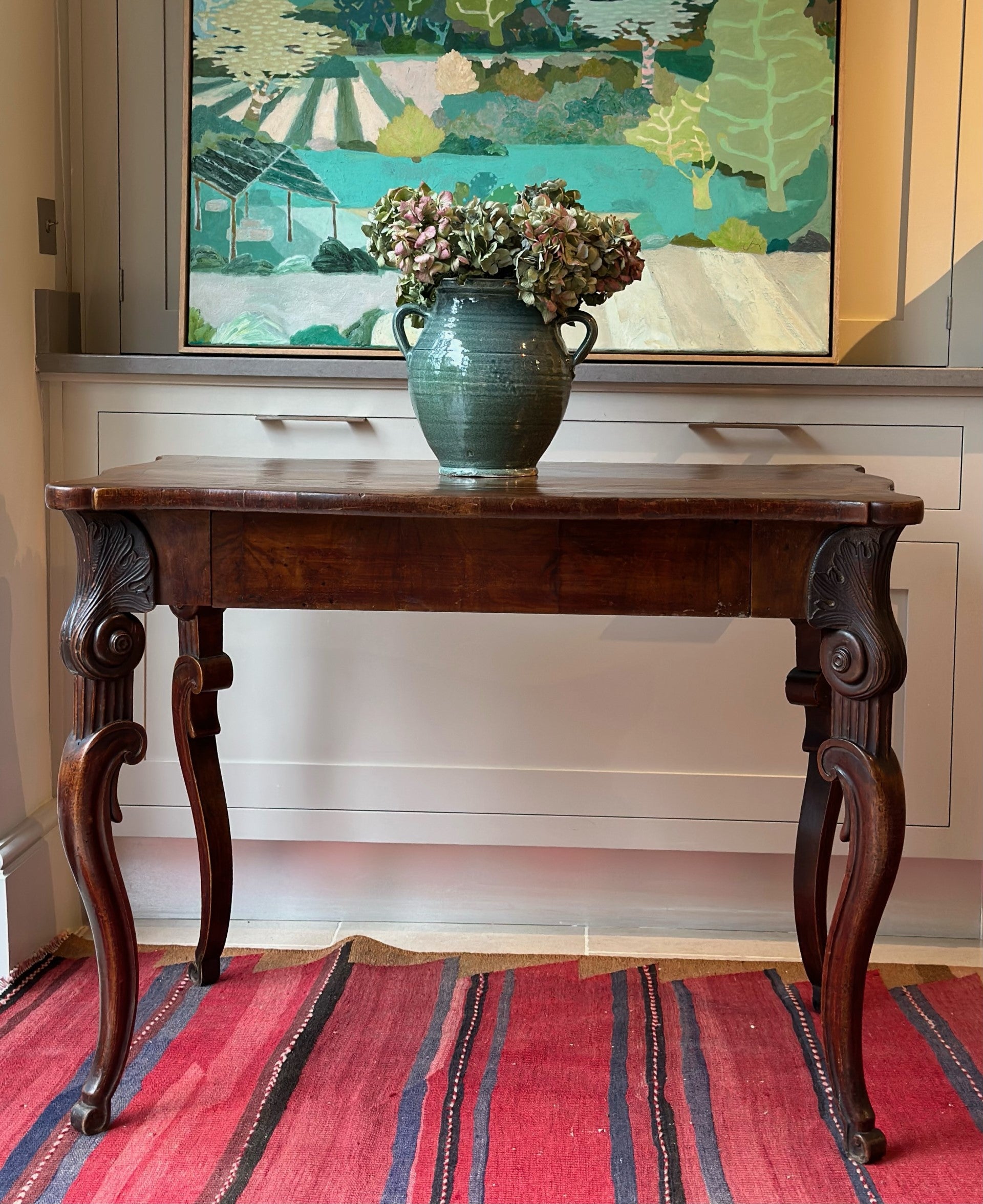 Charming 19th Century Italian Table with amazing carved cabriole legs and large single drawer.