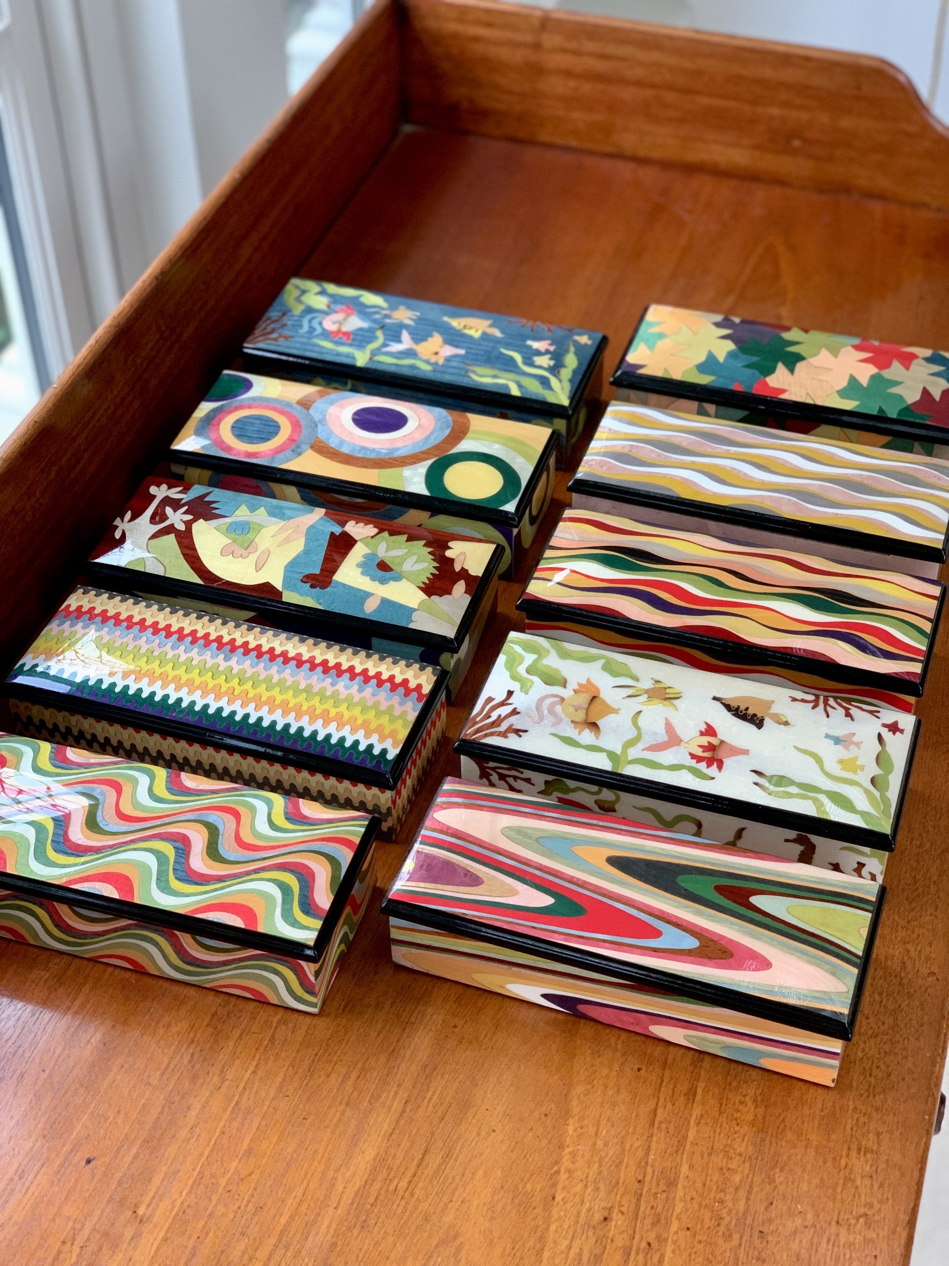 Long Rectangular Marquetry Boxes with Velvet Interiors