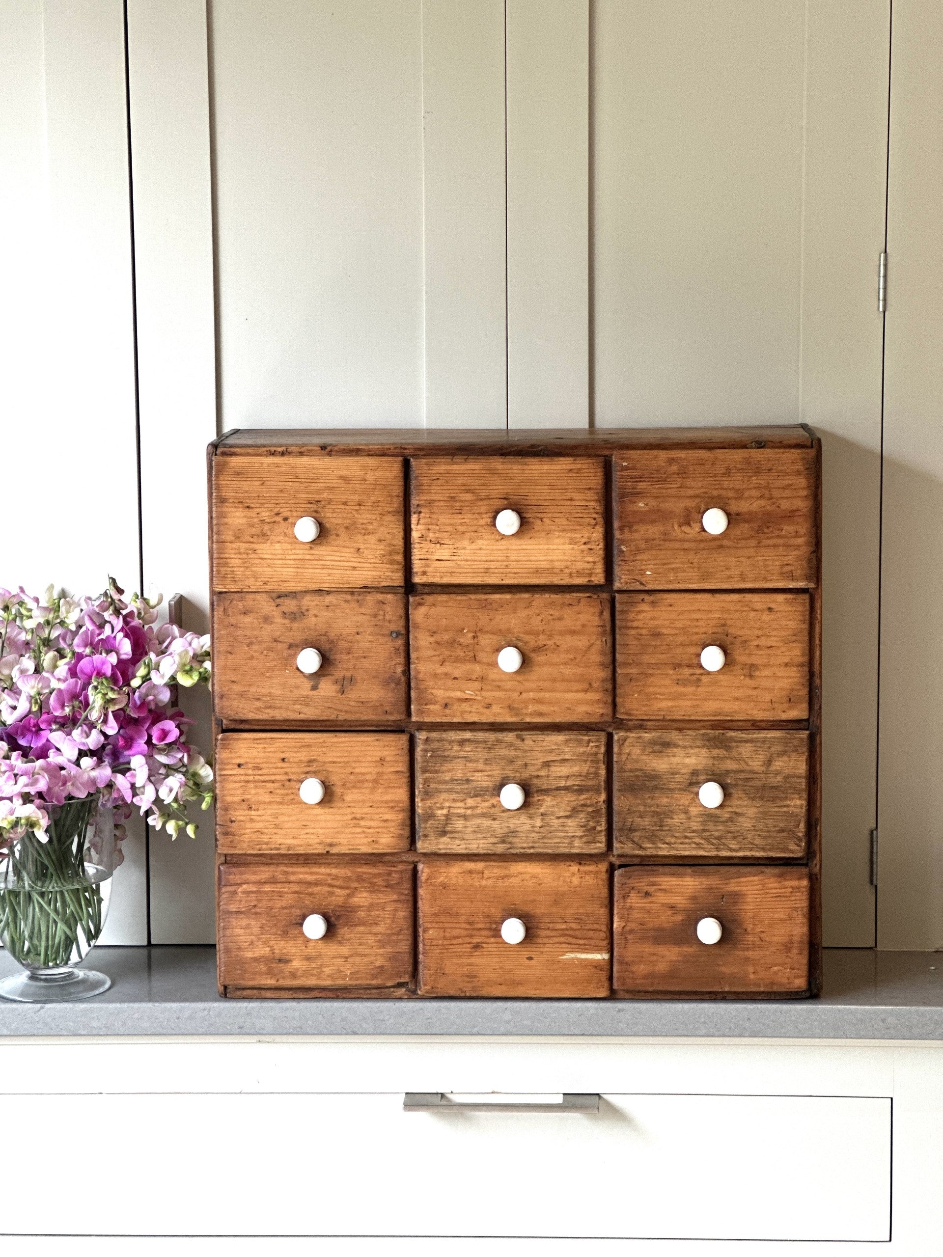 Antique Pine 12 Drawer Organiser