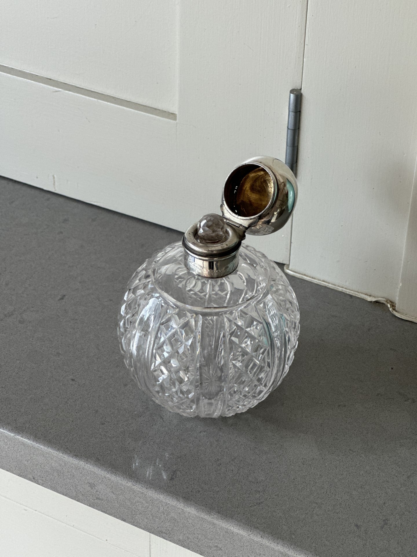 Cut Glass Decanter with Silver Top