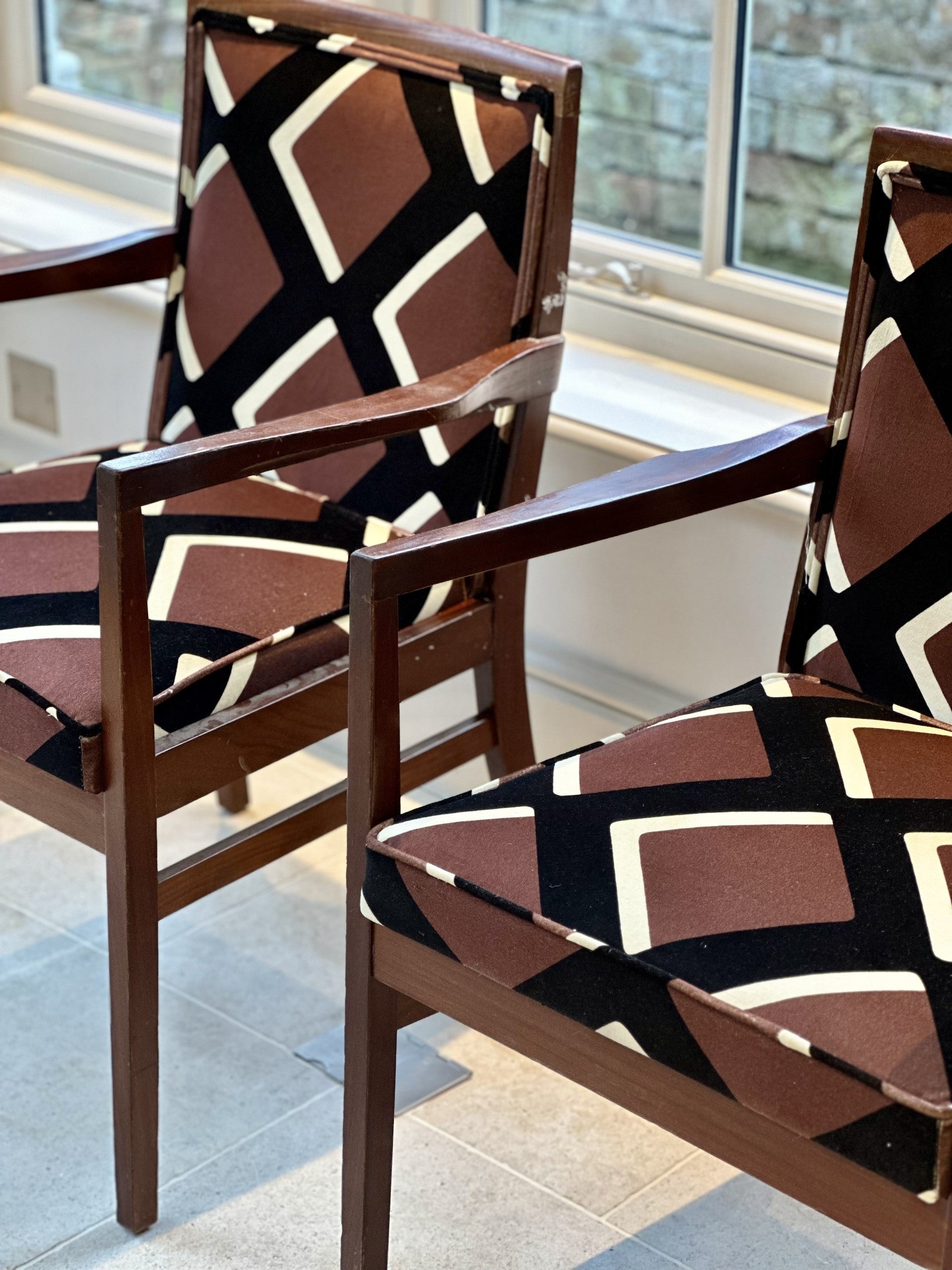 Pair of Mid-Century Chairs Upholstered in Pierre Frey x India Mahdavi Diamonds