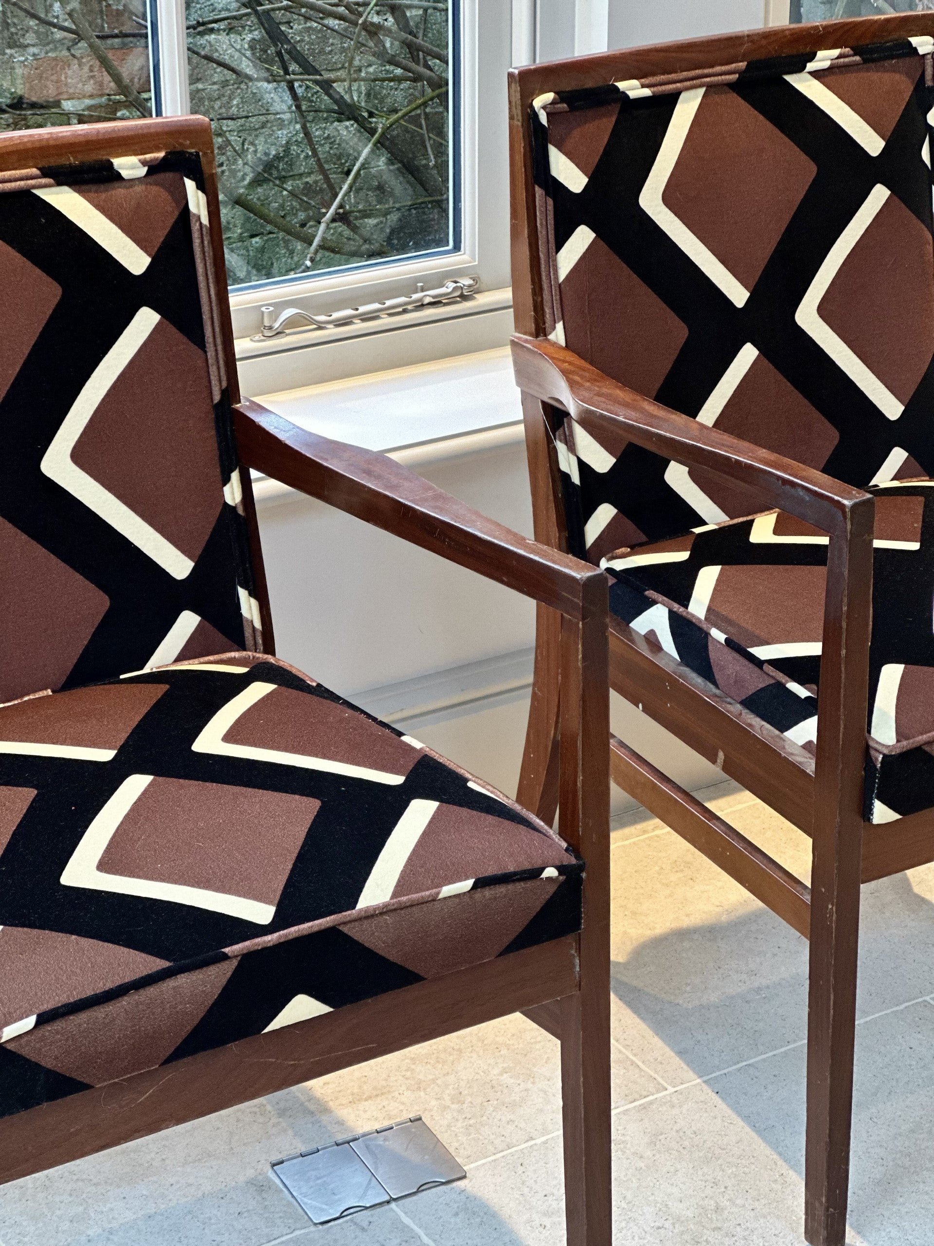 Pair of Mid-Century Chairs Upholstered in Pierre Frey x India Mahdavi Diamonds