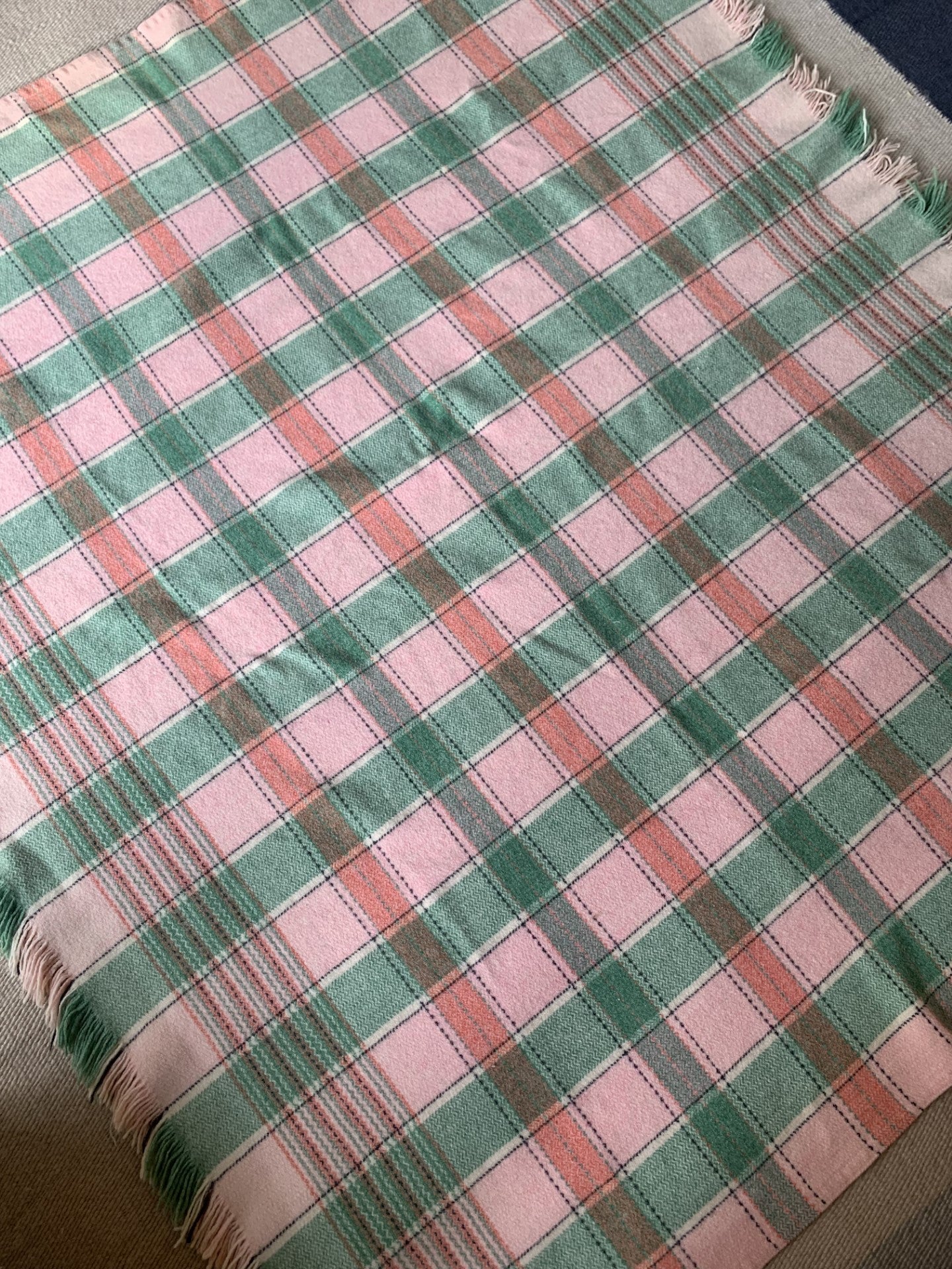 Large Pink, Green and Ivory Welsh Wool Blanket