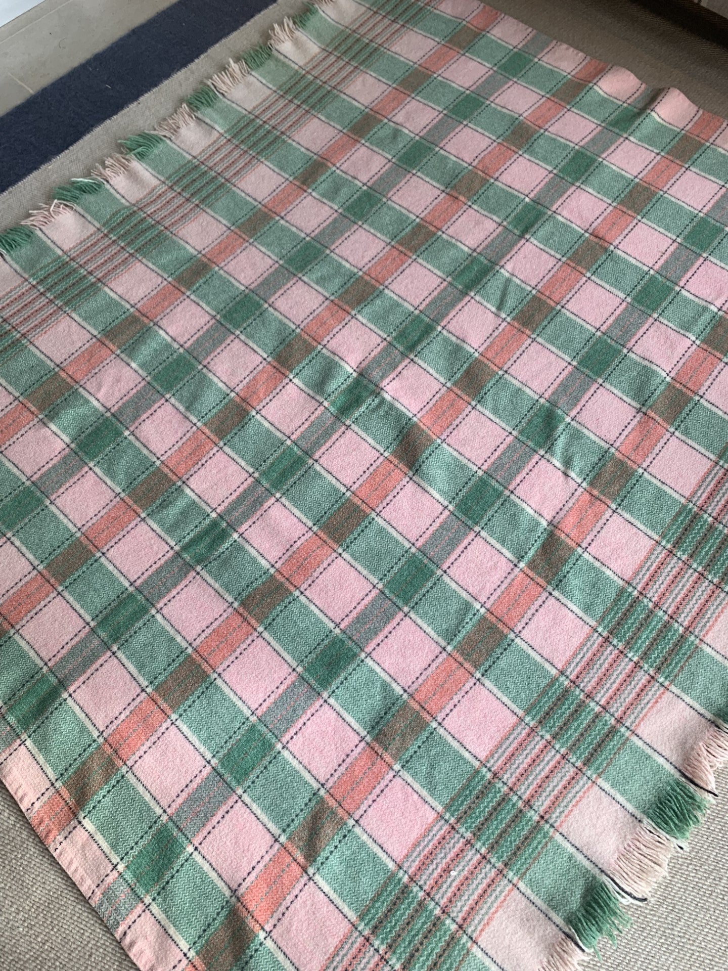 Large Pink, Green and Ivory Welsh Wool Blanket