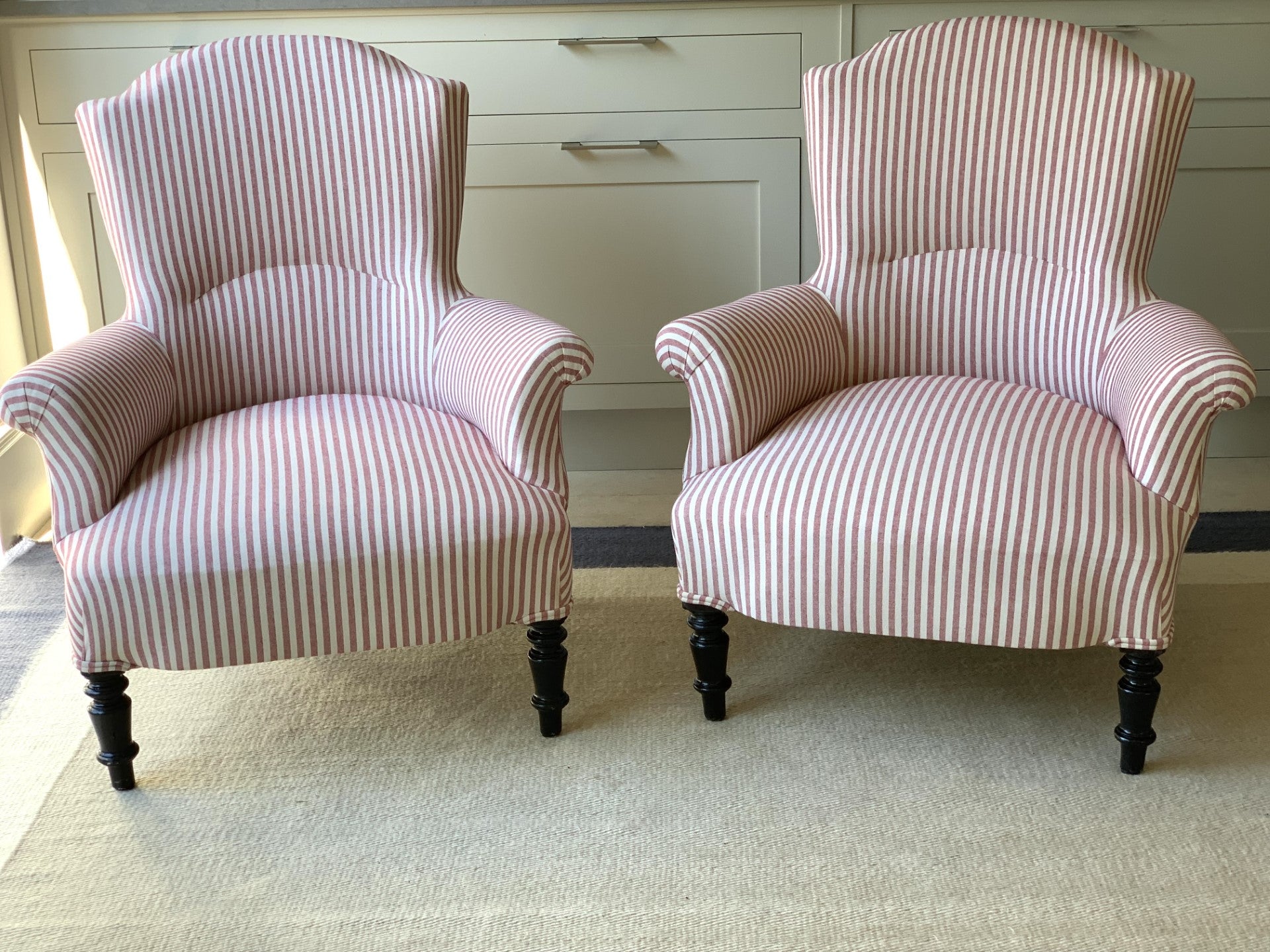 Pair of Nap III Square Back Chairs in Red and White Stripe