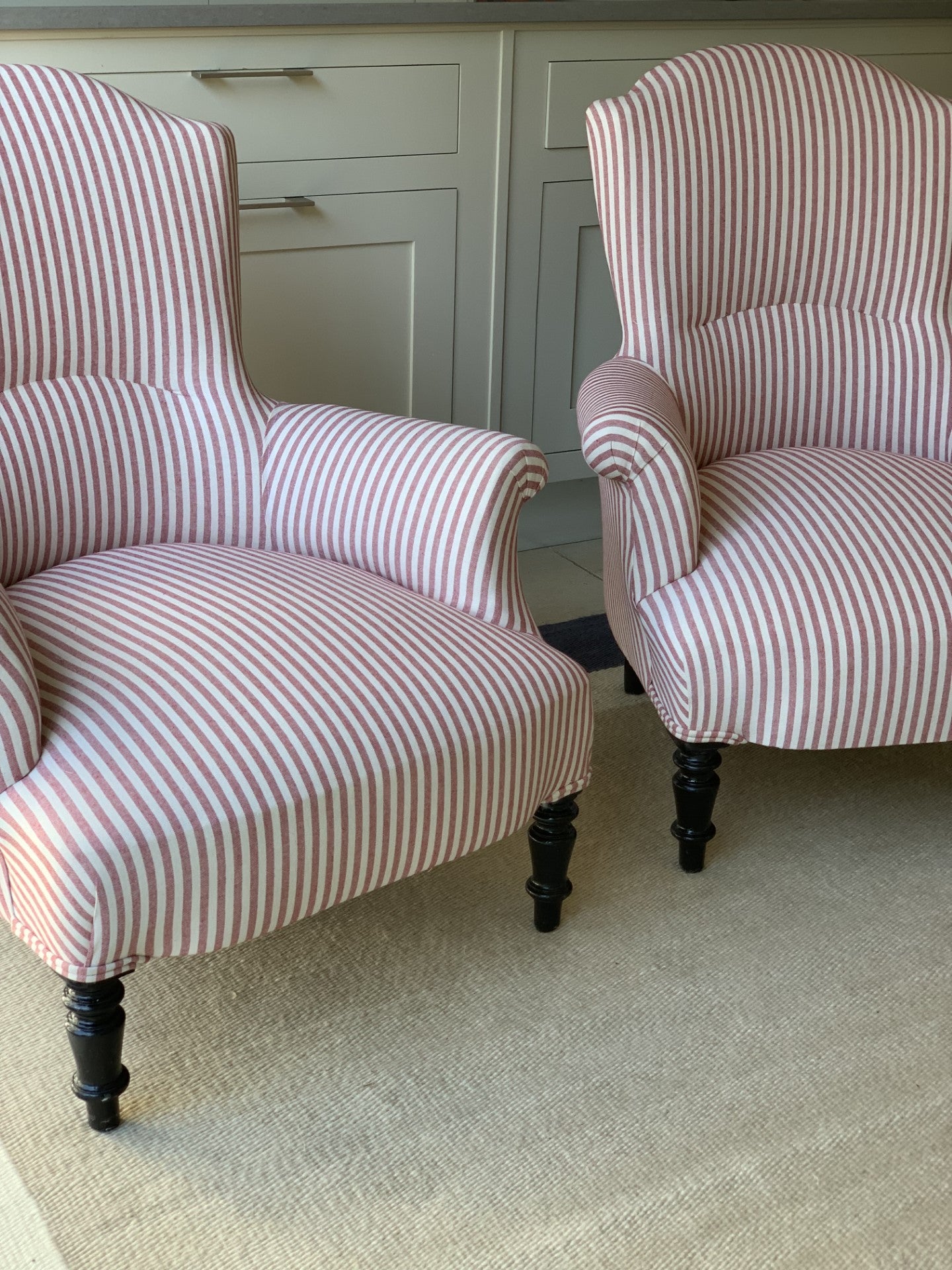 Pair of Nap III Square Back Chairs in Red and White Stripe