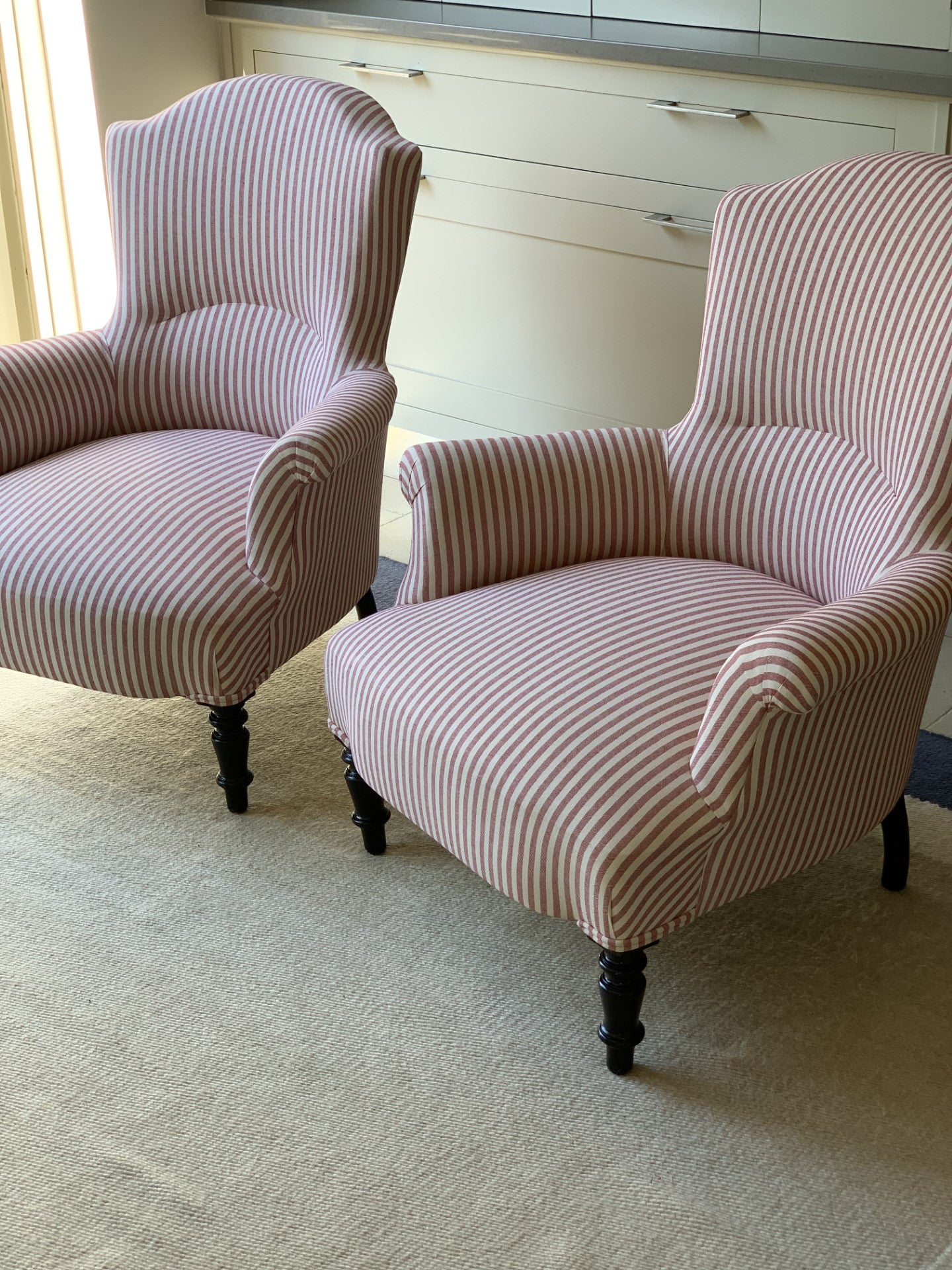 Pair of Nap III Square Back Chairs in Red and White Stripe