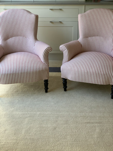 Pair of Nap III Square Back Chairs in Red and White Stripe