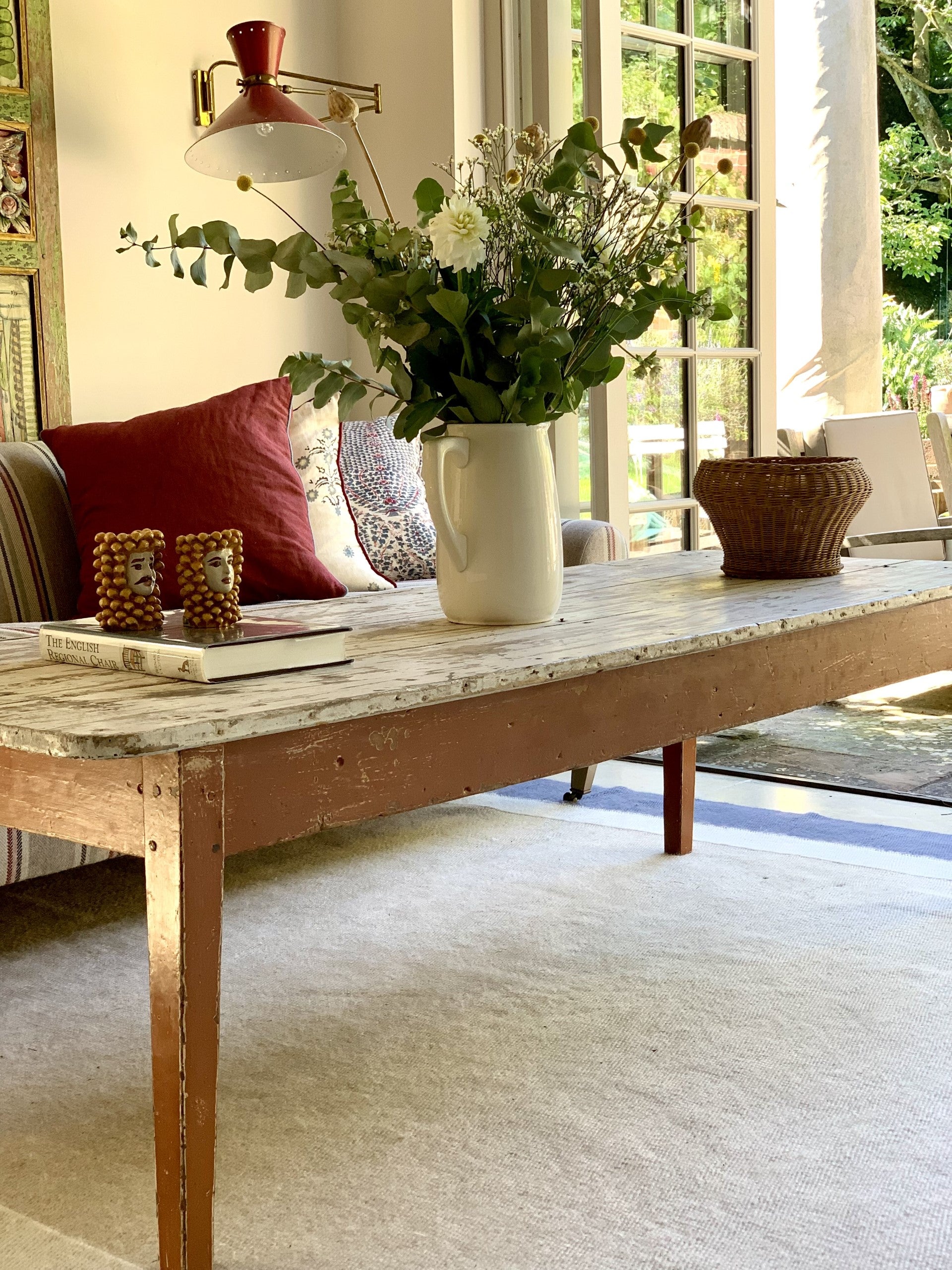 Large Rustic French Pine Coffee Table with Original Painted Base