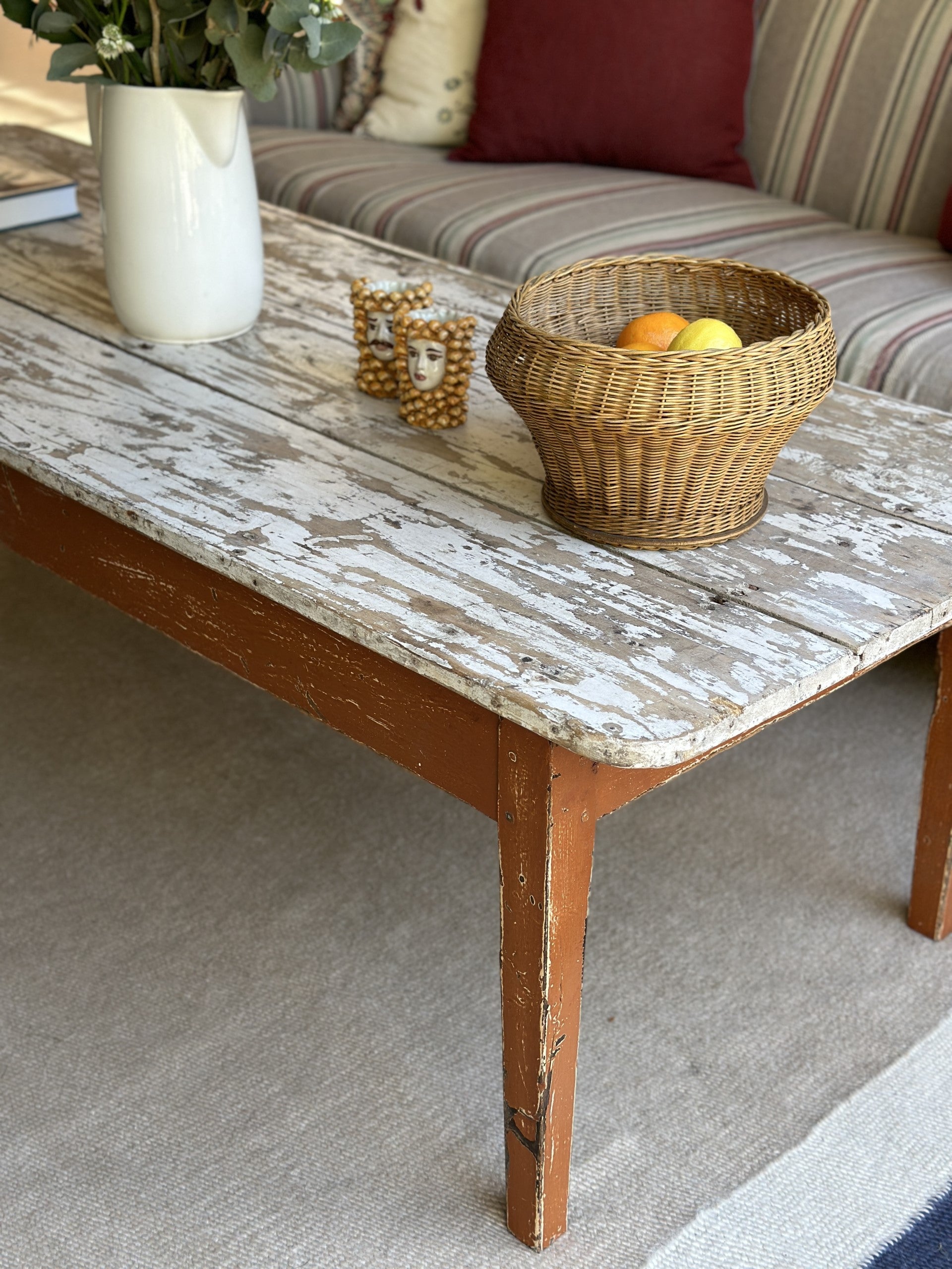 Large Rustic French Pine Coffee Table with Original Painted Base