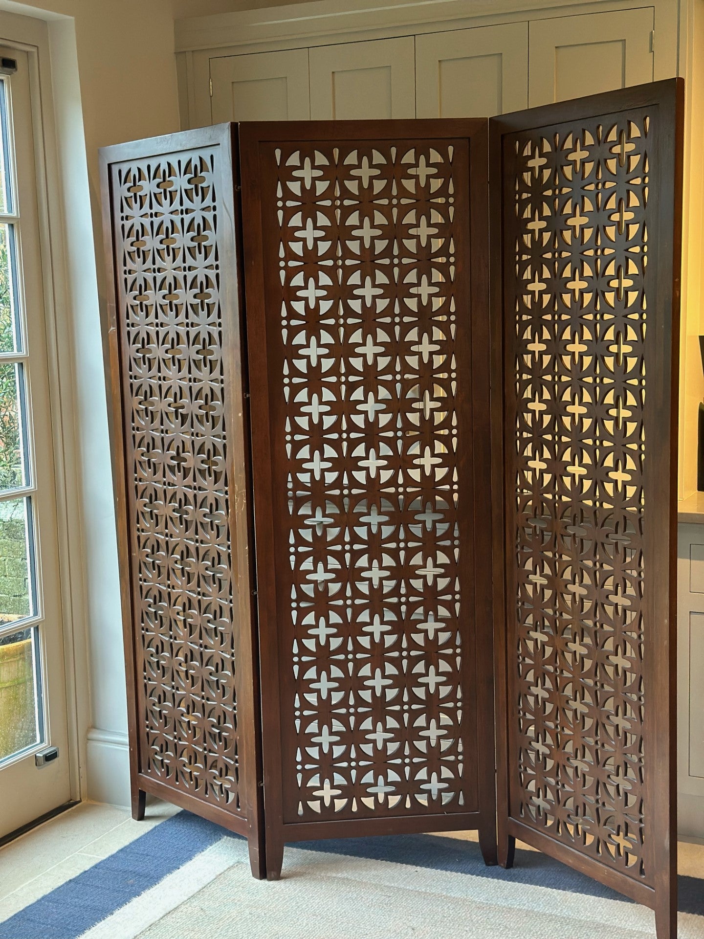 Mid Century Solid Teak Screen with 3 Geometric Carved Panels