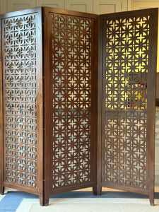 Mid Century Solid Teak Screen with 3 Geometric Carved Panels