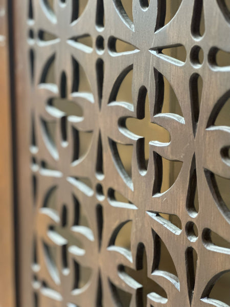 Mid Century Solid Teak Screen with 3 Geometric Carved Panels