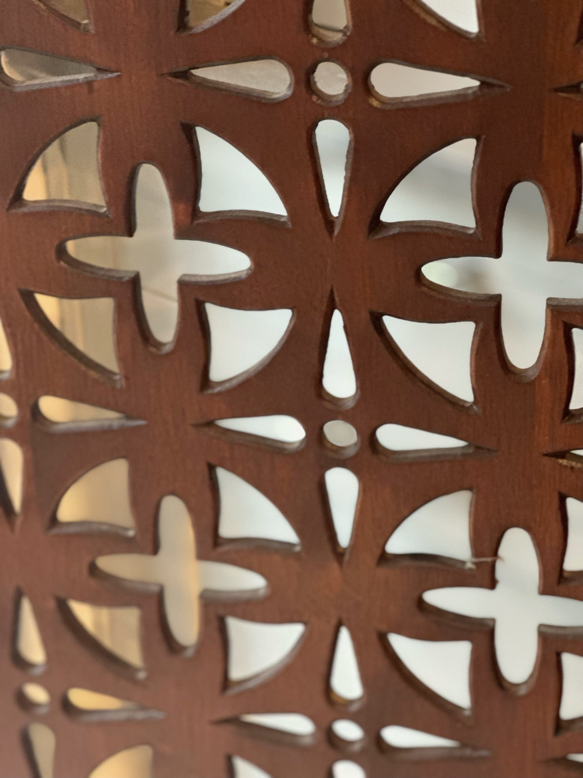 Mid Century Solid Teak Screen with 3 Geometric Carved Panels