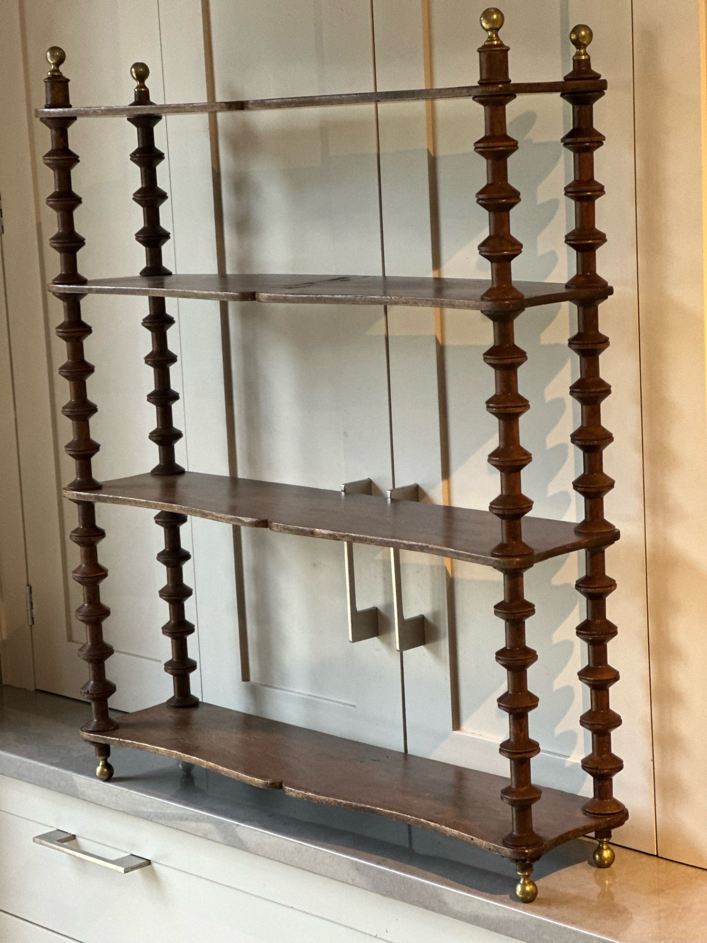 Large French Cotton Reel Wall Shelf with Lovely Brass Finials