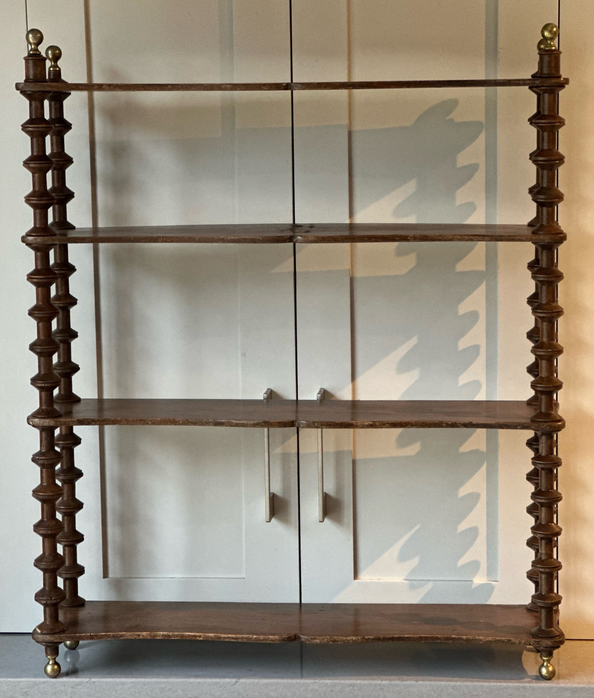 Large French Cotton Reel Wall Shelf with Lovely Brass Finials