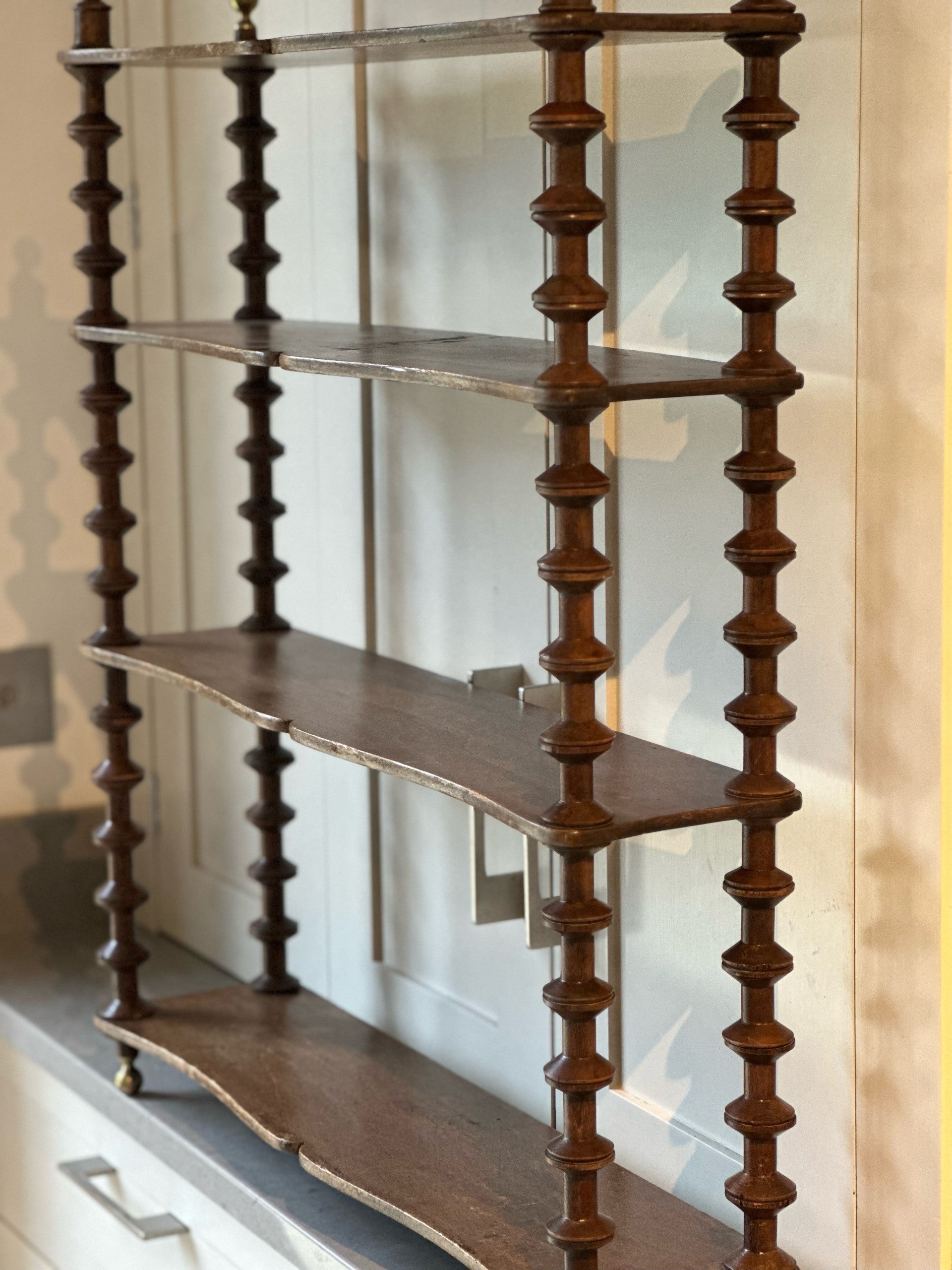 Large French Cotton Reel Wall Shelf with Lovely Brass Finials