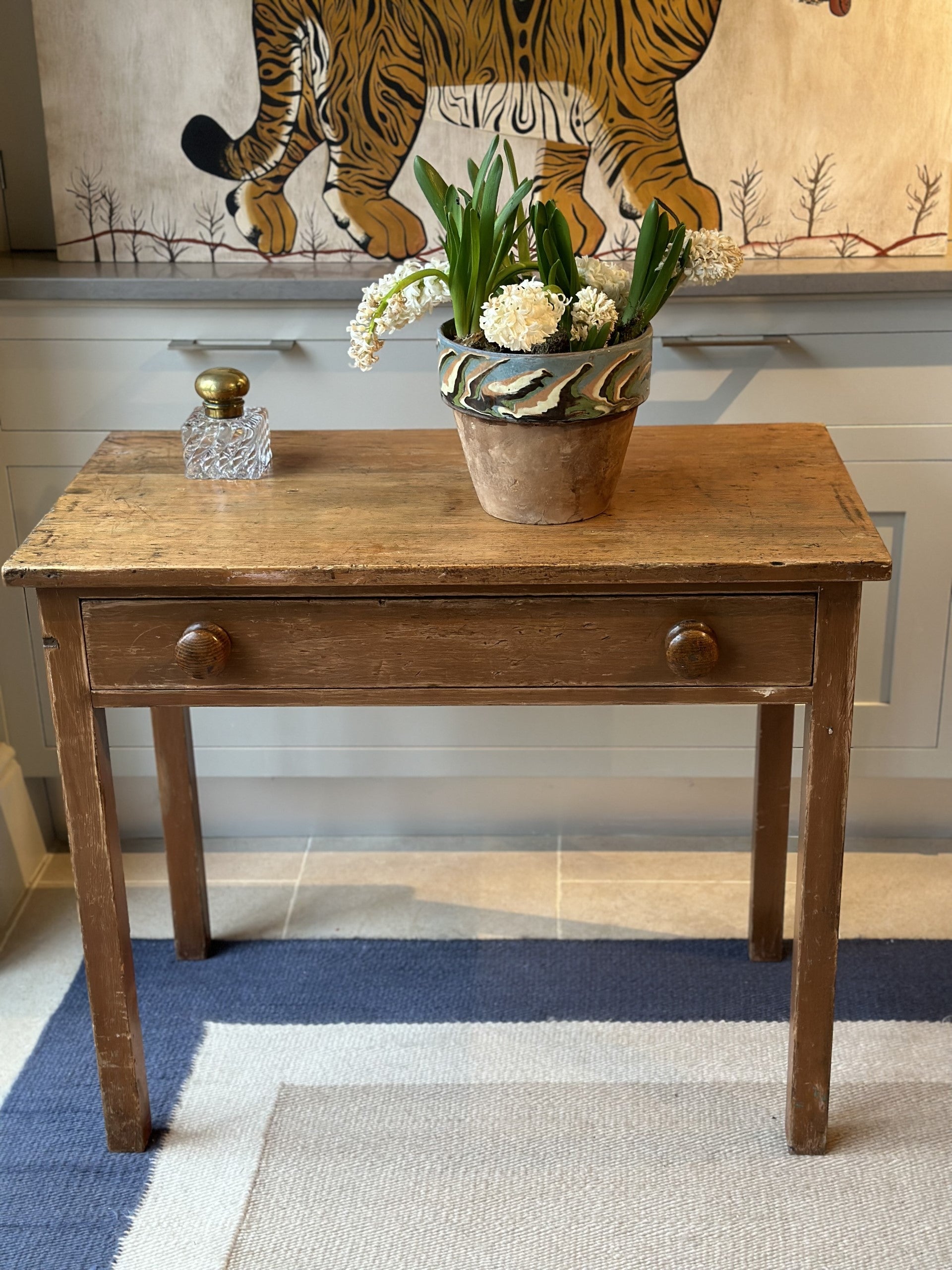 19th C Pine Side Table with Square Legs and Single Drawer