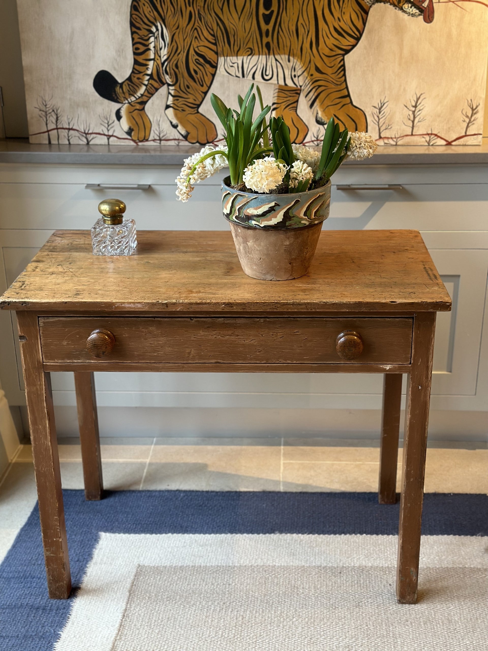 19th C Pine Side Table with Square Legs and Single Drawer