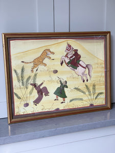 Framed Eastern Hand Painted Indian Silk Tiger Hunting Golden Horse