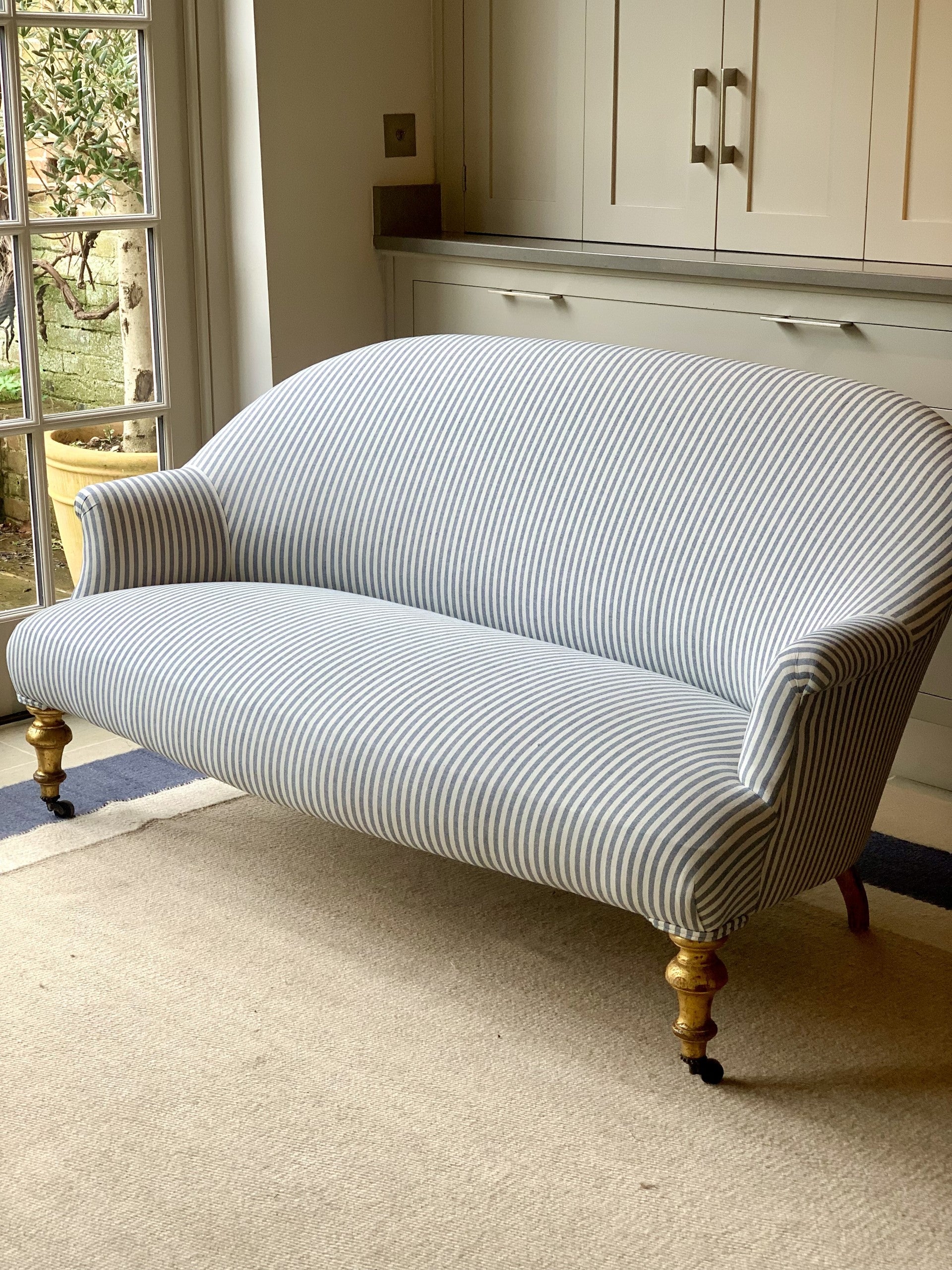 French Crapaud Sofa in Blue and White Ticking