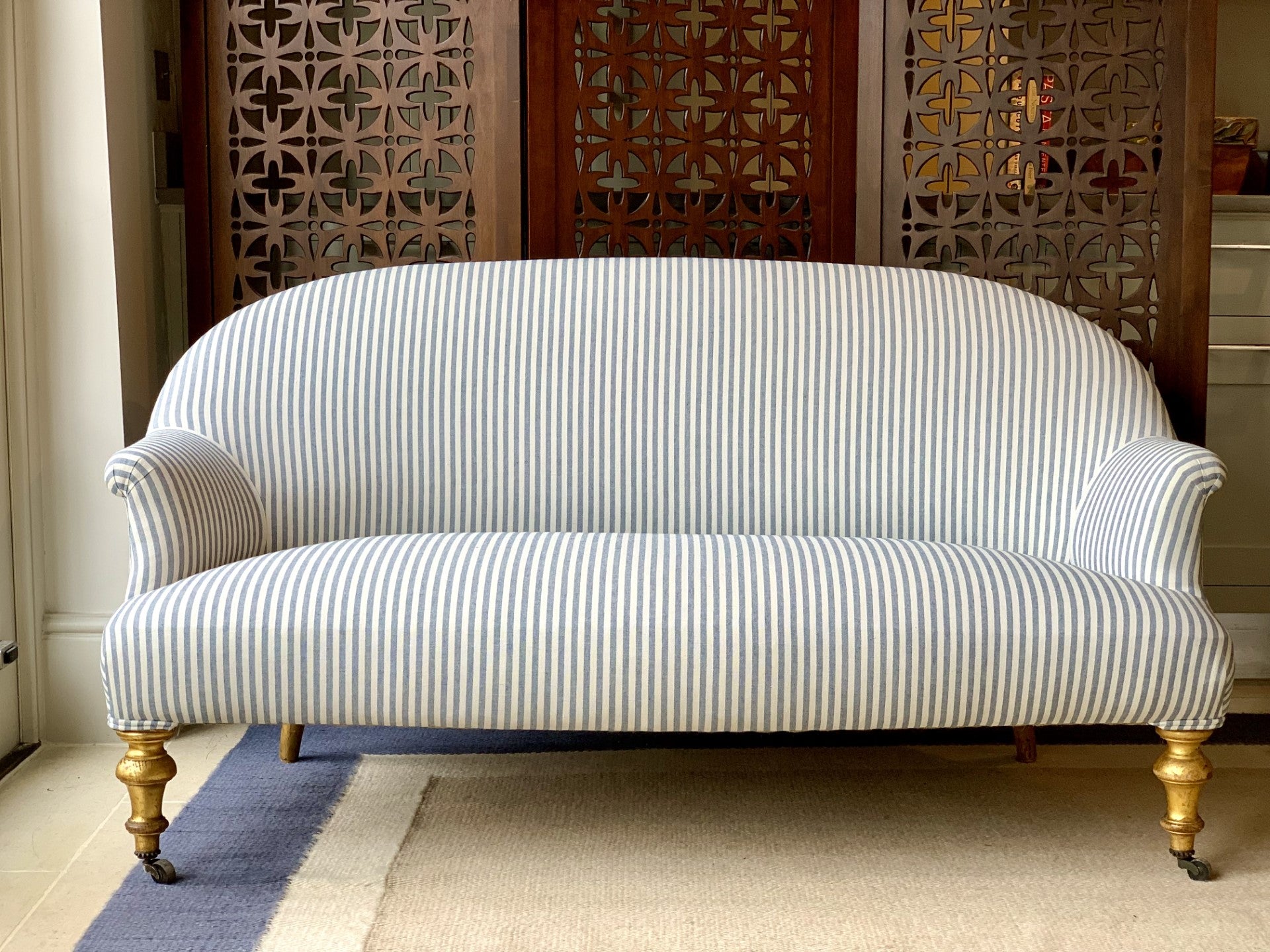 French Crapaud Sofa in Blue and White Ticking