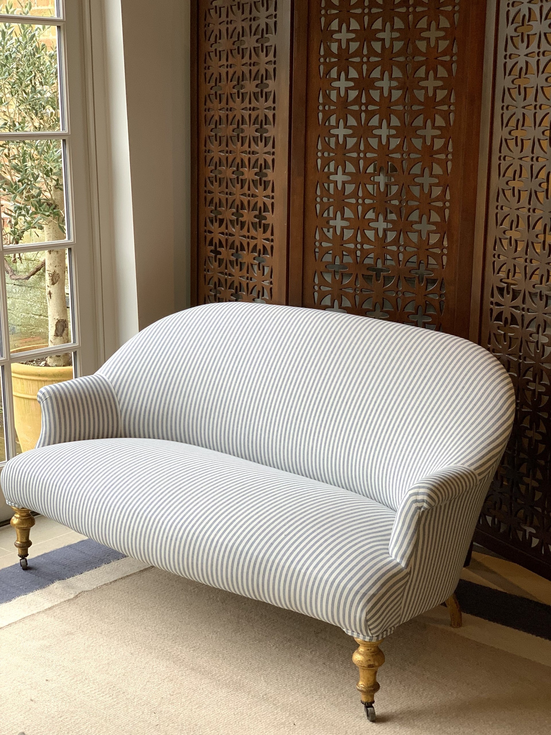 French Crapaud Sofa in Blue and White Ticking