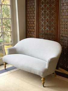 French Crapaud Sofa in Blue and White Ticking