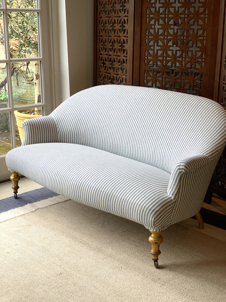 French Crapaud Sofa in Blue and White Ticking
