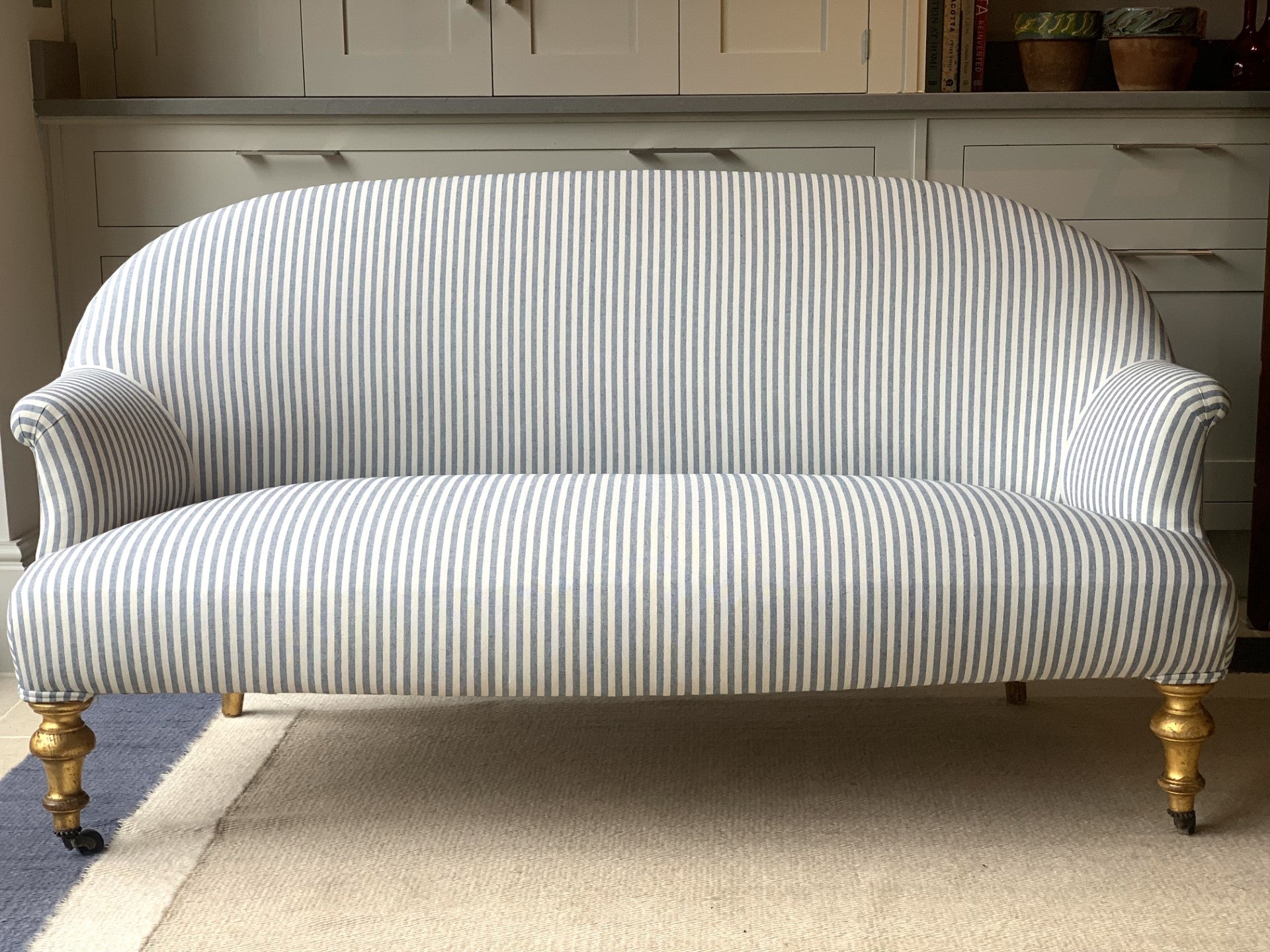 French Crapaud Sofa in Blue and White Ticking