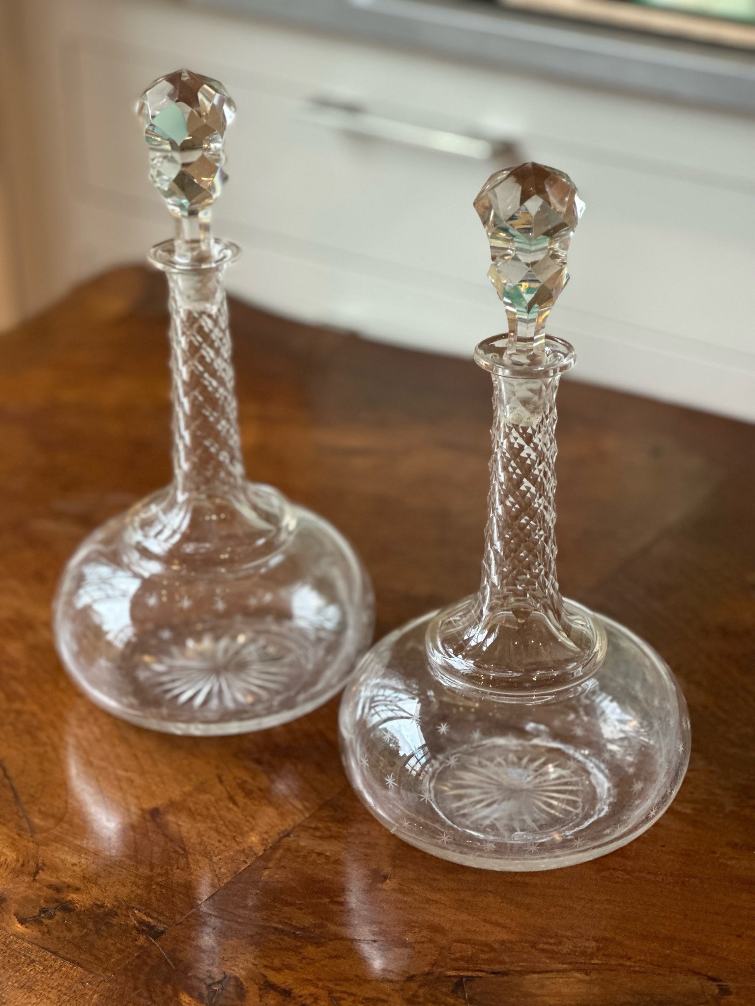 Pretty Pair of Cut Glass decanters with etched star detail