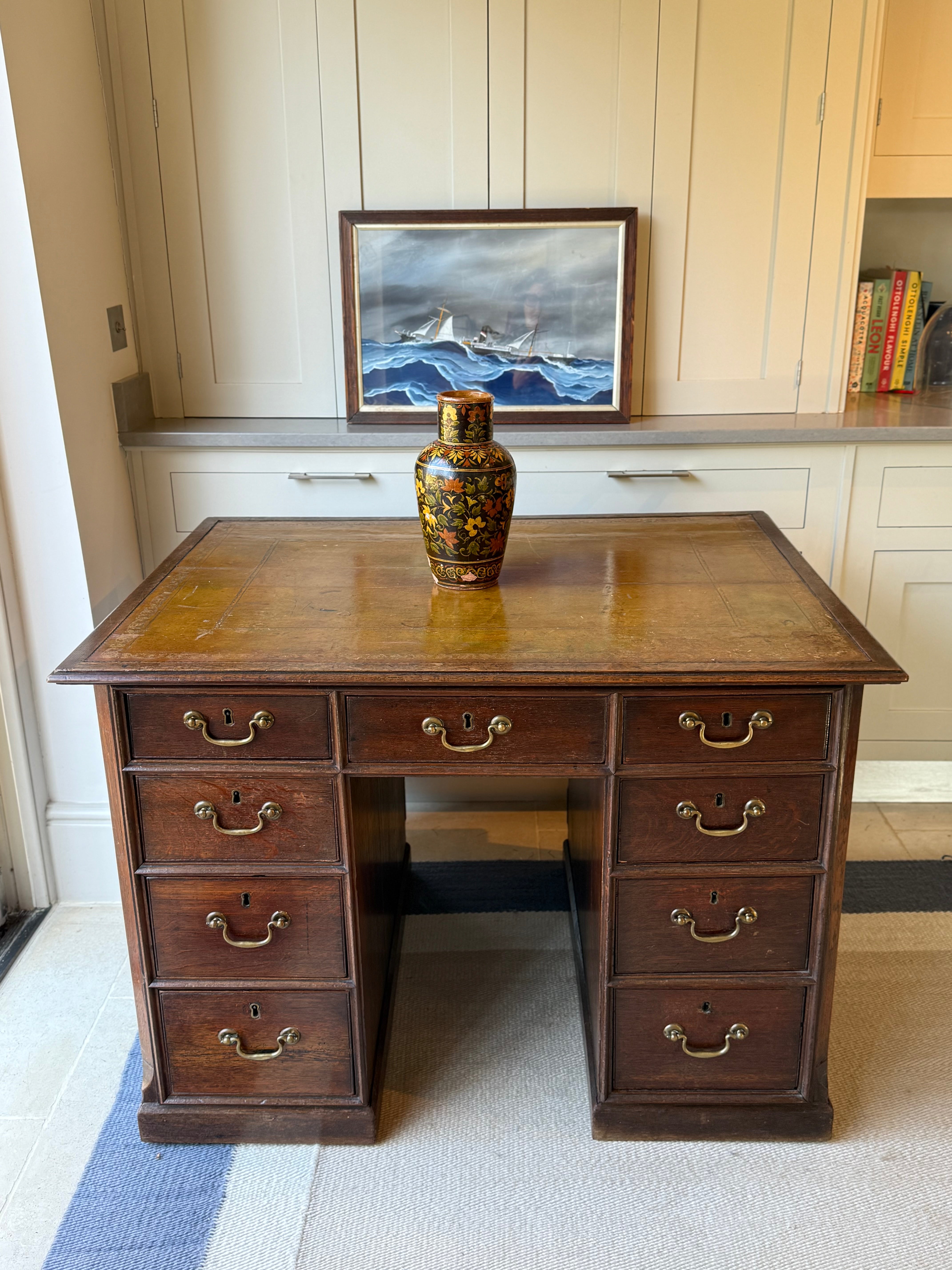 19th Century Oak Partner’s Desk with Green leather top