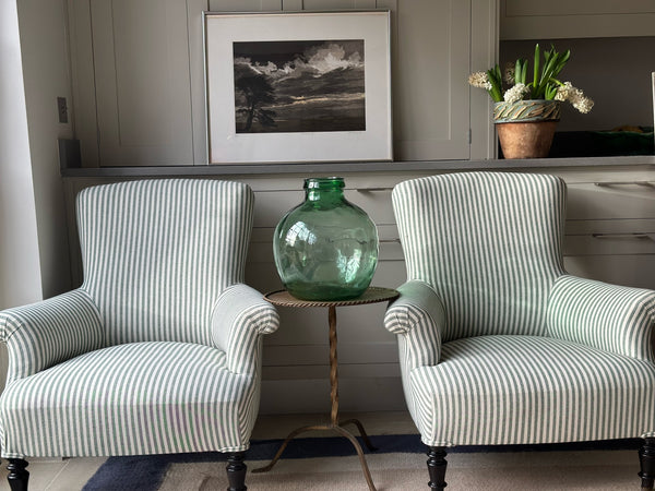 Pair of Nap III Chairs Reupholstered in our Green and White Ticking with Black Legs