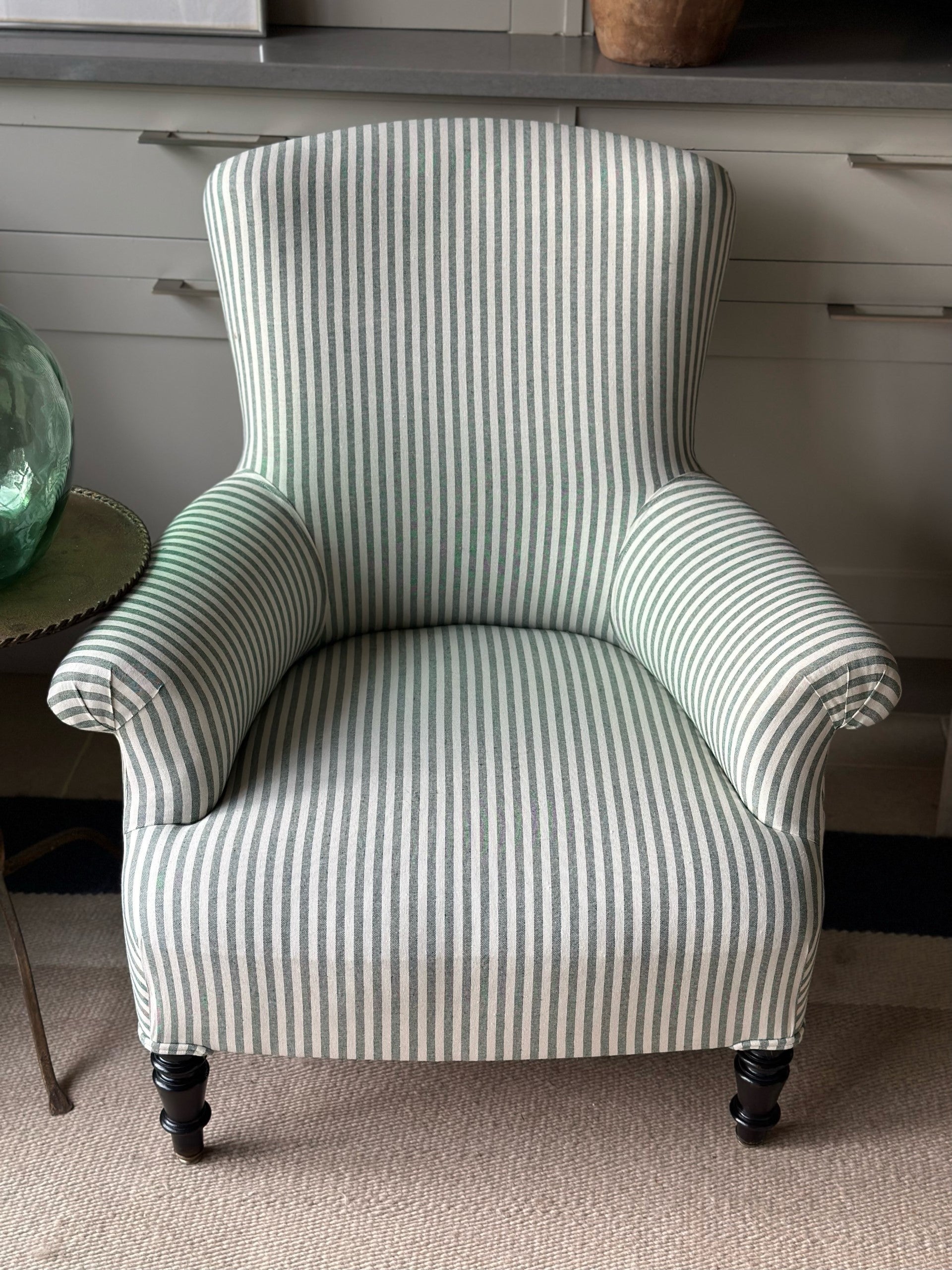 Pair of Nap III Chairs Reupholstered in our Green and White Ticking with Black Legs