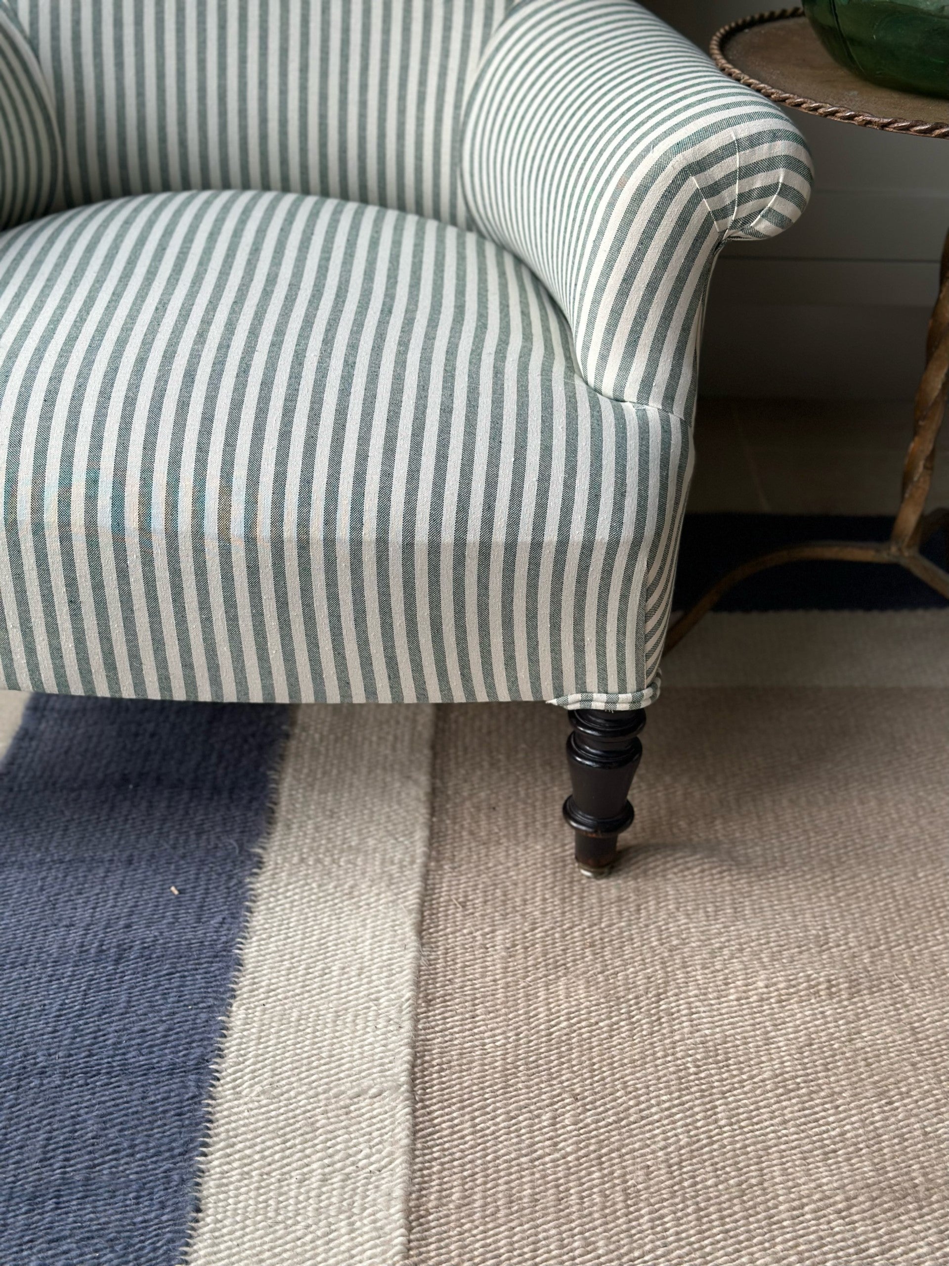 Pair of Nap III Chairs Reupholstered in our Green and White Ticking with Black Legs