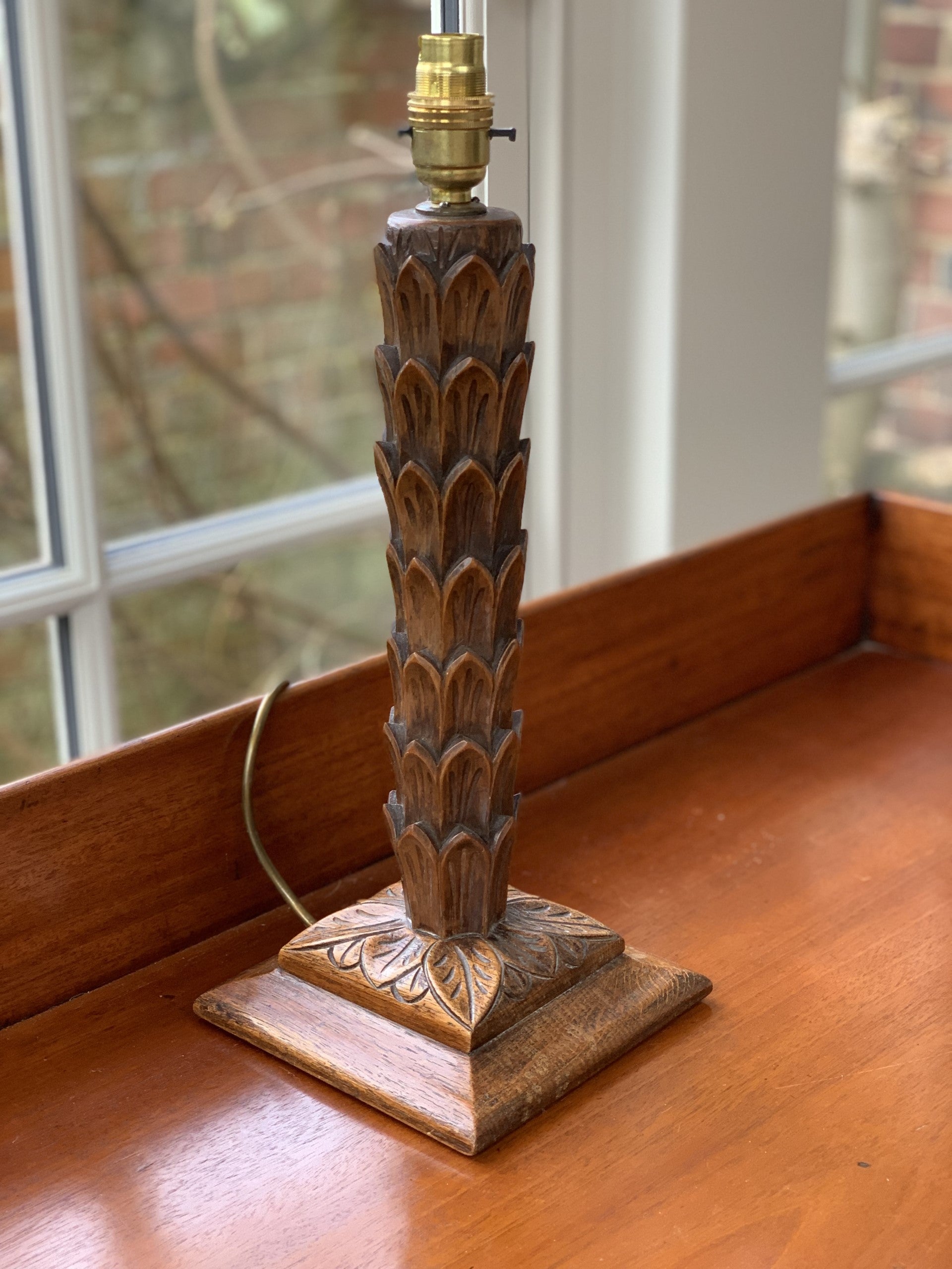 Early 20th C Oak Palm Lamp