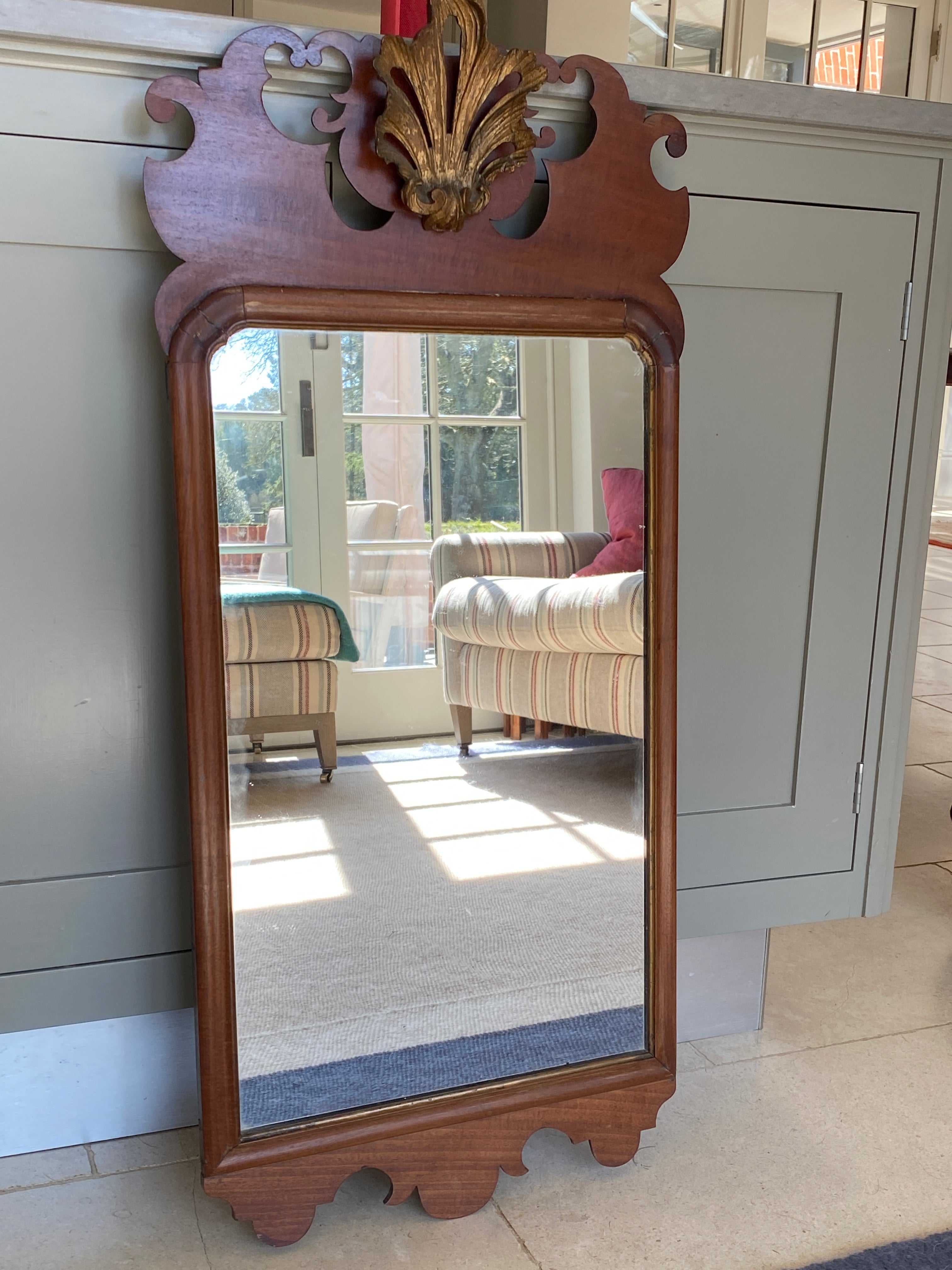 George III Mahogany Fretwork Mirror with carved wood shell