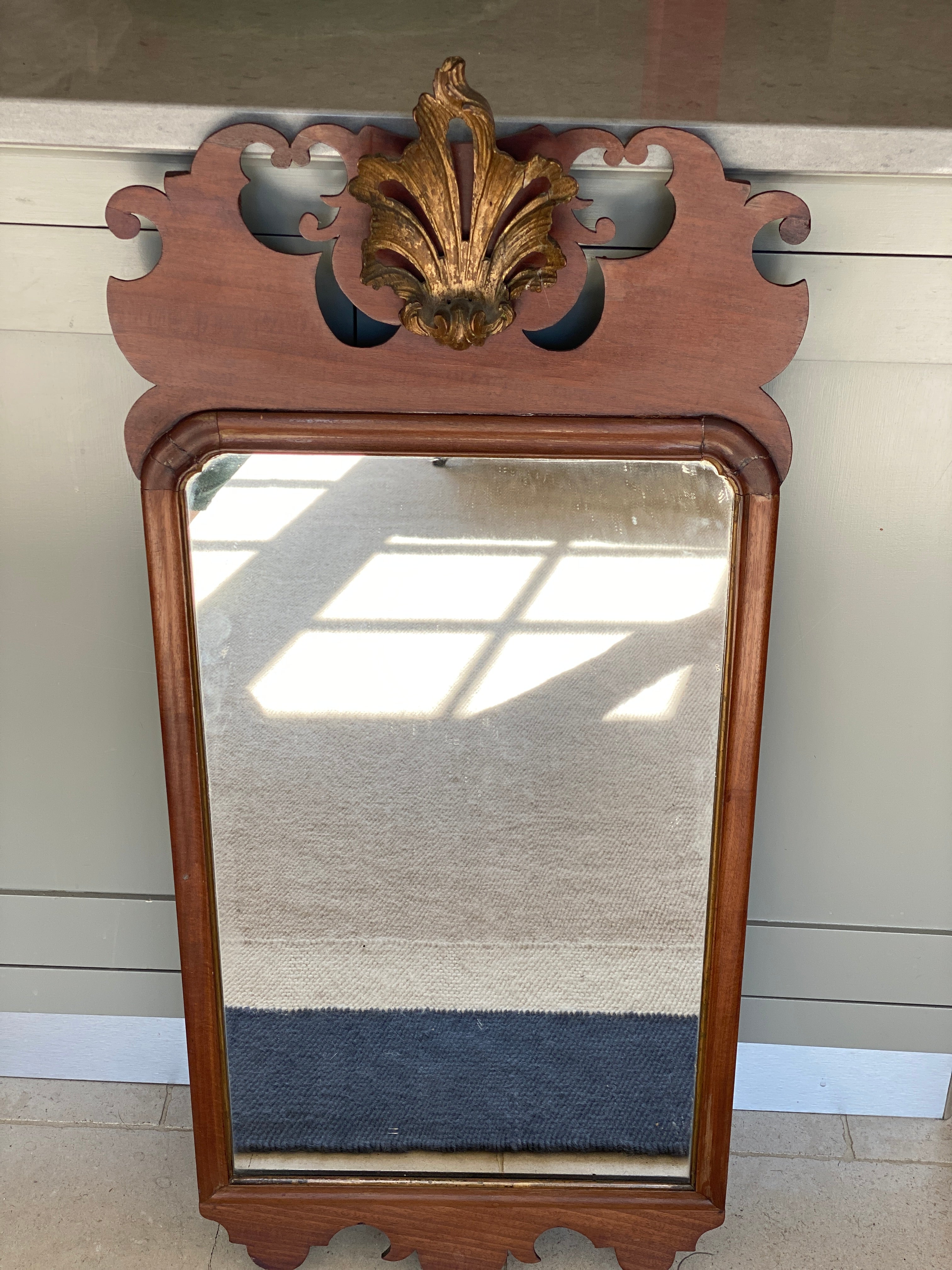 George III Mahogany Fretwork Mirror with carved wood shell